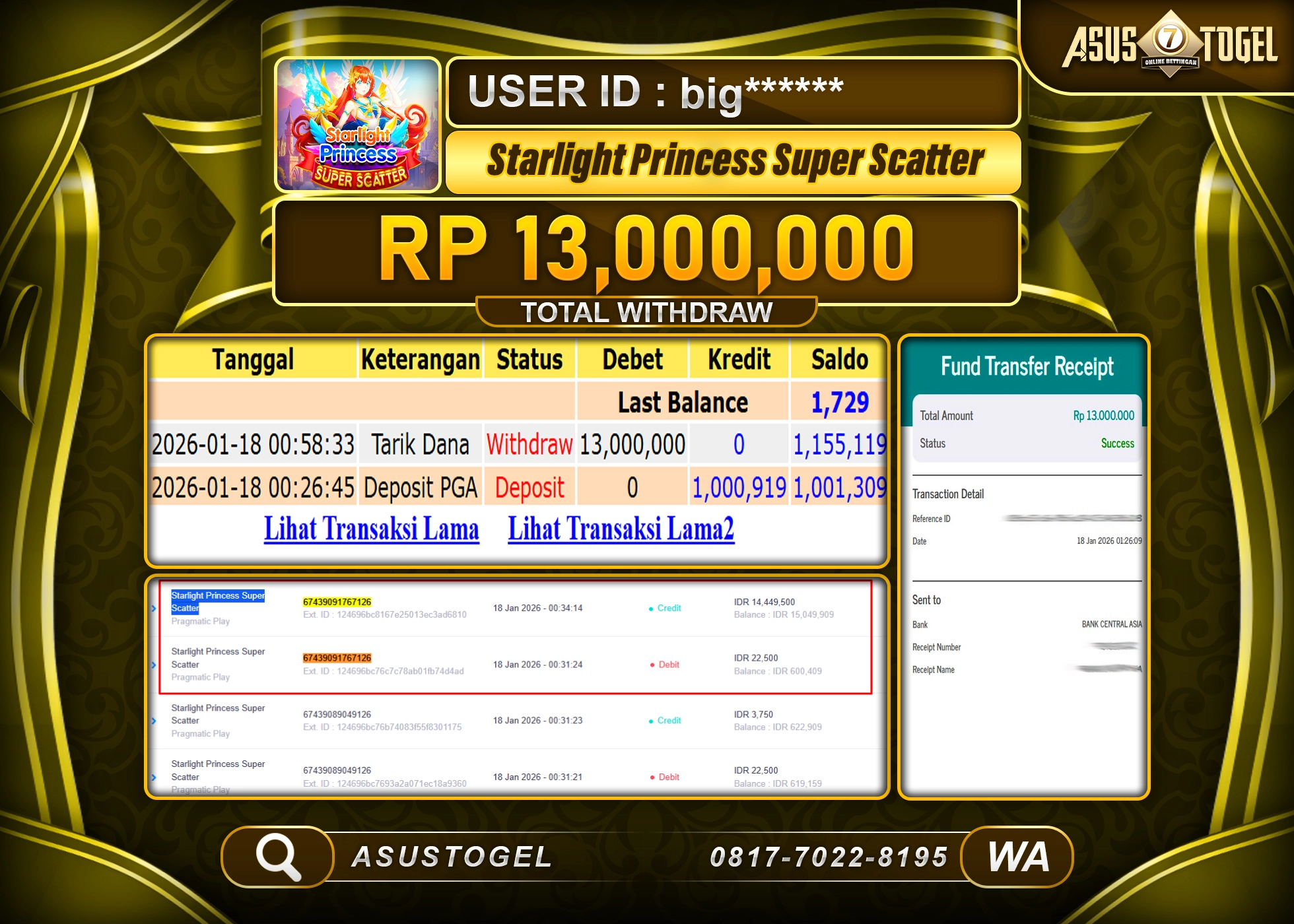 ASUSTOGEL KEMENANGAN DI SLOT STARLIGHT PRINCESS SEBESAR 13,000,000 - RUPIAH LUNAS