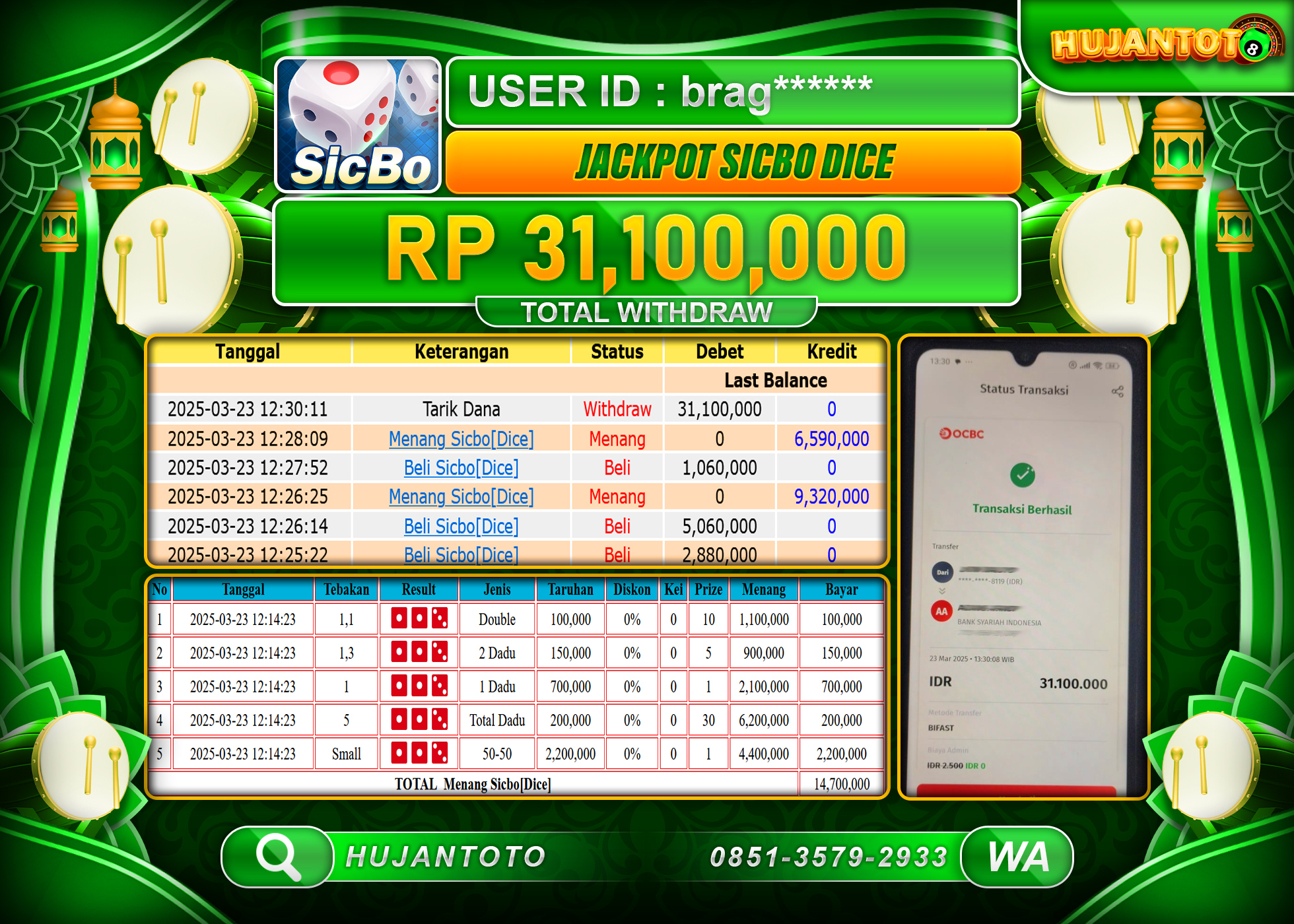 HUJANTOTO - BUKTI JACKPOT MENANG DI GAMES SICBO DICE Rp,31,100,000- TERBAYAR LUNAS