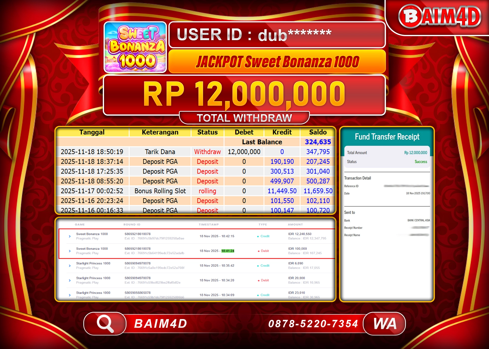 BAIM4D JACKPOT SLOT SWEET BONANZA 1000 Rp.12,000,000 - LUNAS
