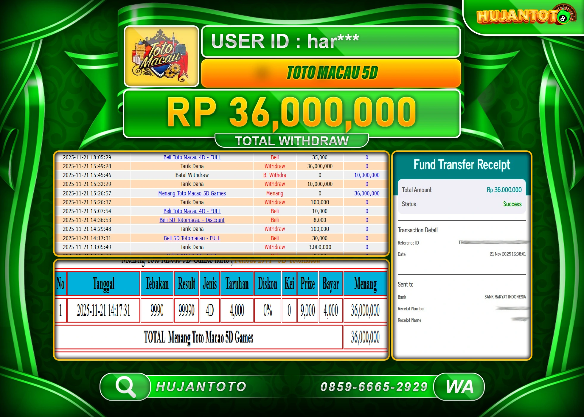 HUJANTOTO - BUKTI JACKPOT MENANG TOGEL TOTO MACAU 5D Rp.36,000,000 - TERBAYAR LUNAS