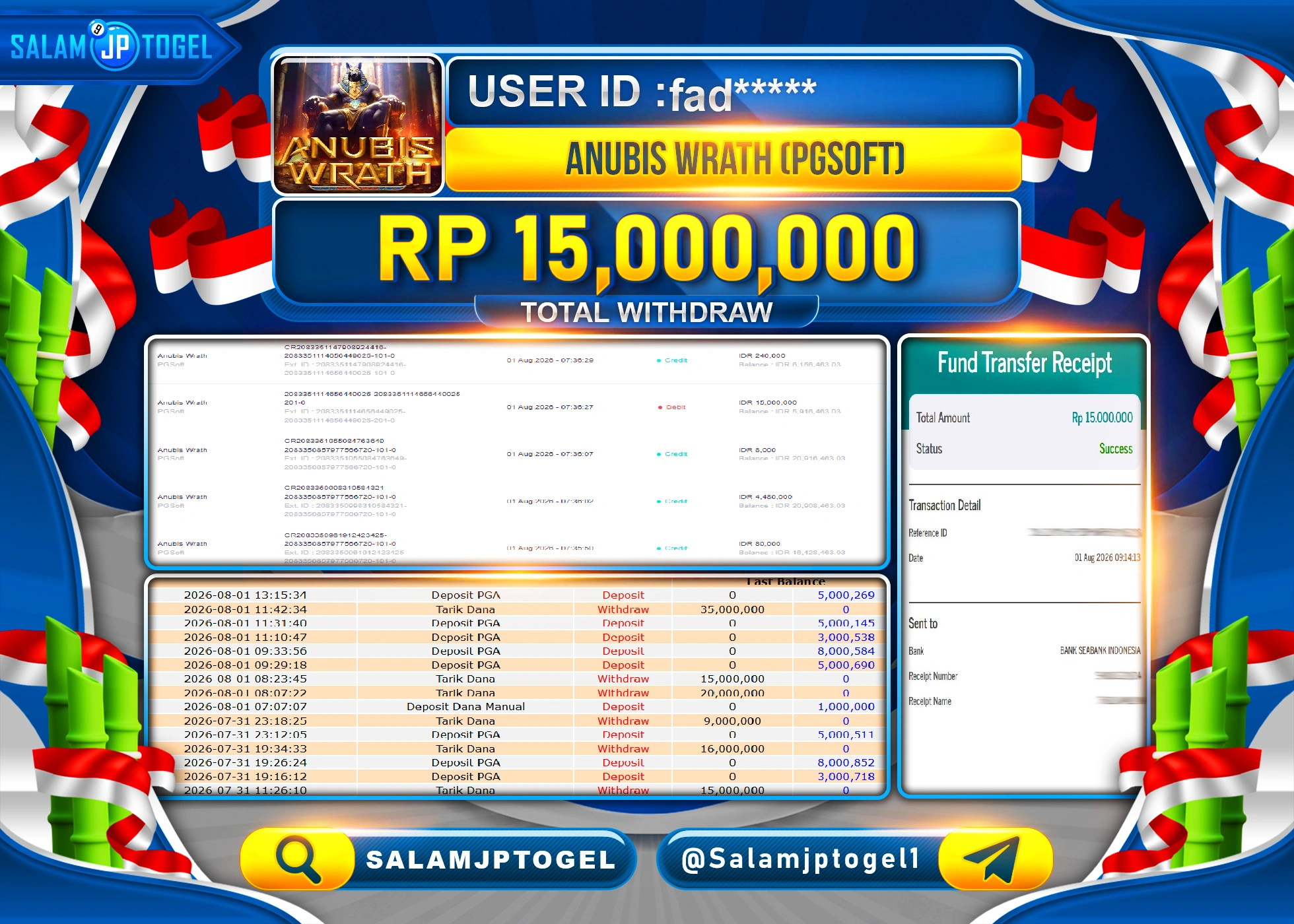 SALAMJPTOGEL JACKPOT MENANG SLOT ANUBIS WRATH  Rp.15,000,000 - LUNAS