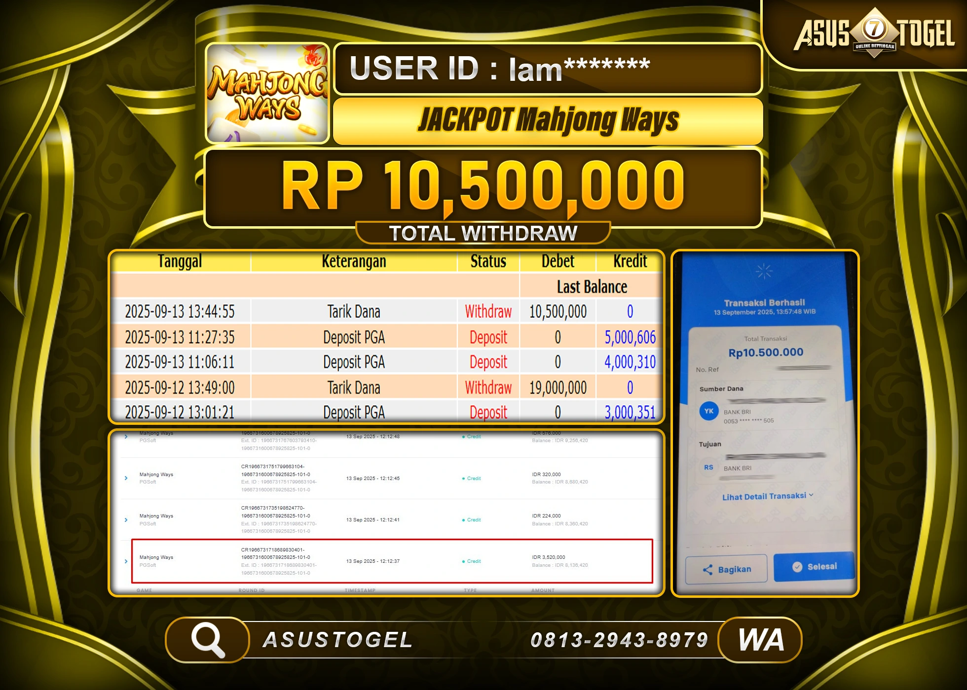 SUSTOGEL KEMENANGAN DI SLOT MAHJONG WAYS SEBESAR 10,500,000- RUPIAH LUNAS