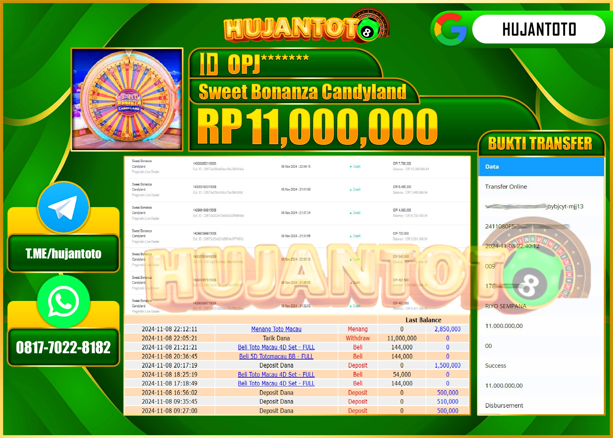 HUJANTOTO MENANG DI PERMAINAN  DI RAIH SWEET BONANZA CANDYLAND - 11,000,000  - LUNAS