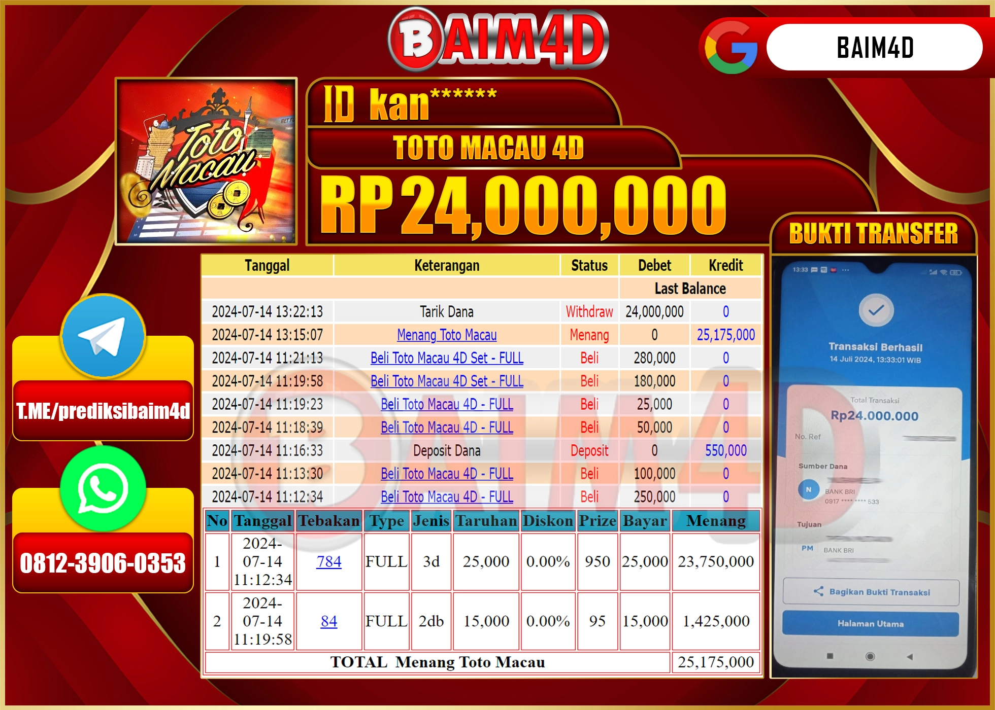 BAIM4D JACKPOT  TOTO MACAU Rp.24.000,000.- LUNAS