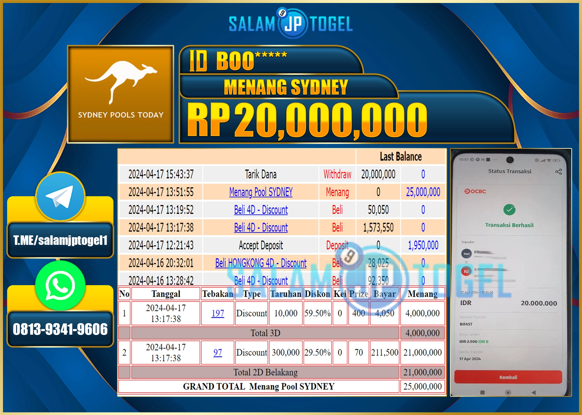 SALAMJPTOGEL JACKPOT TOGEL PASARAN SYDNEY RP.20.000.000.,- LUNAS