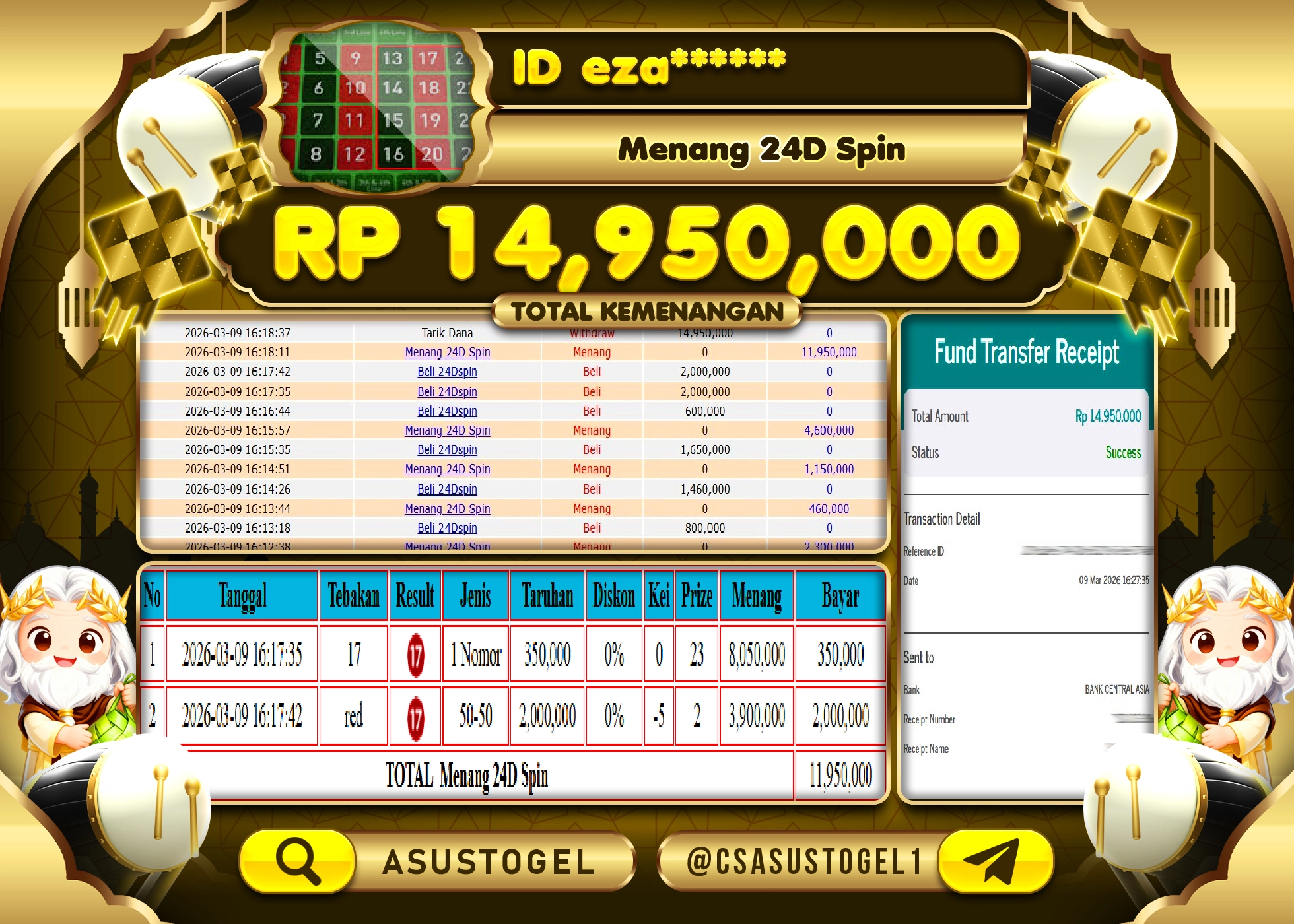 ASUSTOGEL KEMENANGAN DI LIVE GAMES 24D SPIN SEBESAR 14,950,000 - RUPIAH LUNAS
