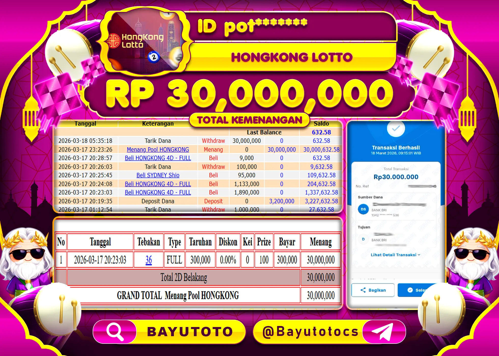 SELAMAT MEMBER SETIA BAYUTOTO JACKPOT DI TOGEL HONGKONG LOTTO Rp. 30,000,000 LUNAS