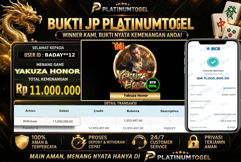 🏆 Bukti Jackpot YAKUZA HONOR  Dengan Kemanangan Rp 11.000.000-. Hanya di PLATINUMTOGEL🏆