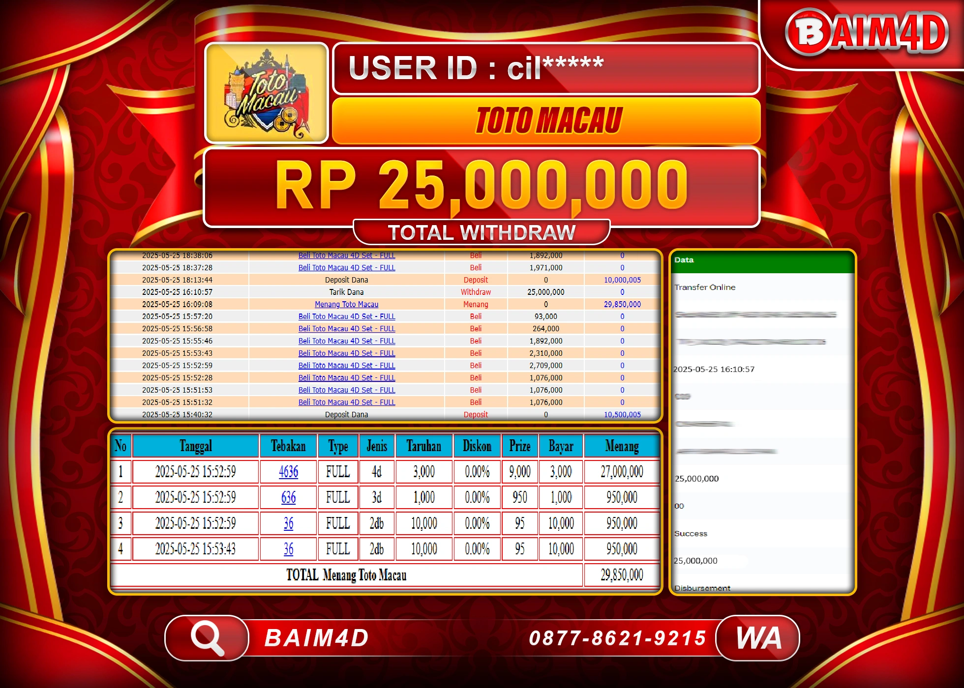 BAIM4D MENANG JACKPOT TOGEL TOTO MACAU 4D Rp25,000,000 - LUNAS