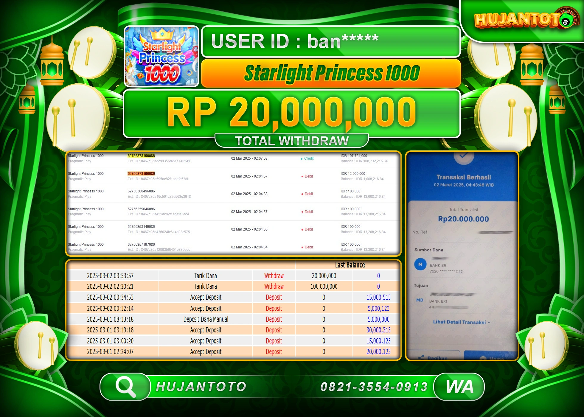 HUJANTOTO - BUKTI JACKPOT MENANG SLOT, STARLIGHT PIRNCESS 1000, Rp,  20,000,000  -  TERBAYAR LUNAS