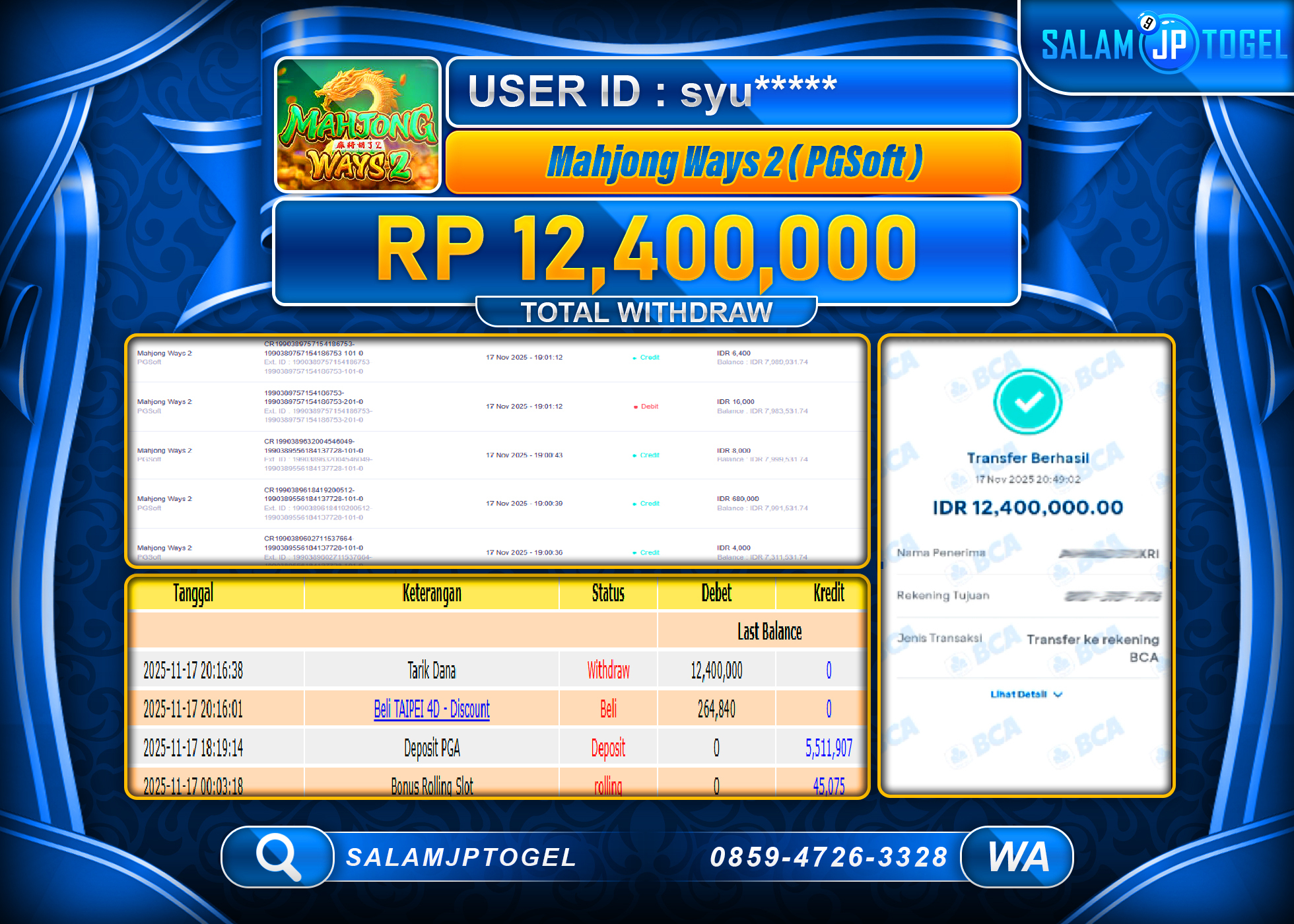 SALAMJPTOGEL MENANG  JACKPOT MAHJONG WAYS 2 Rp.12,400,000  - LUNAS