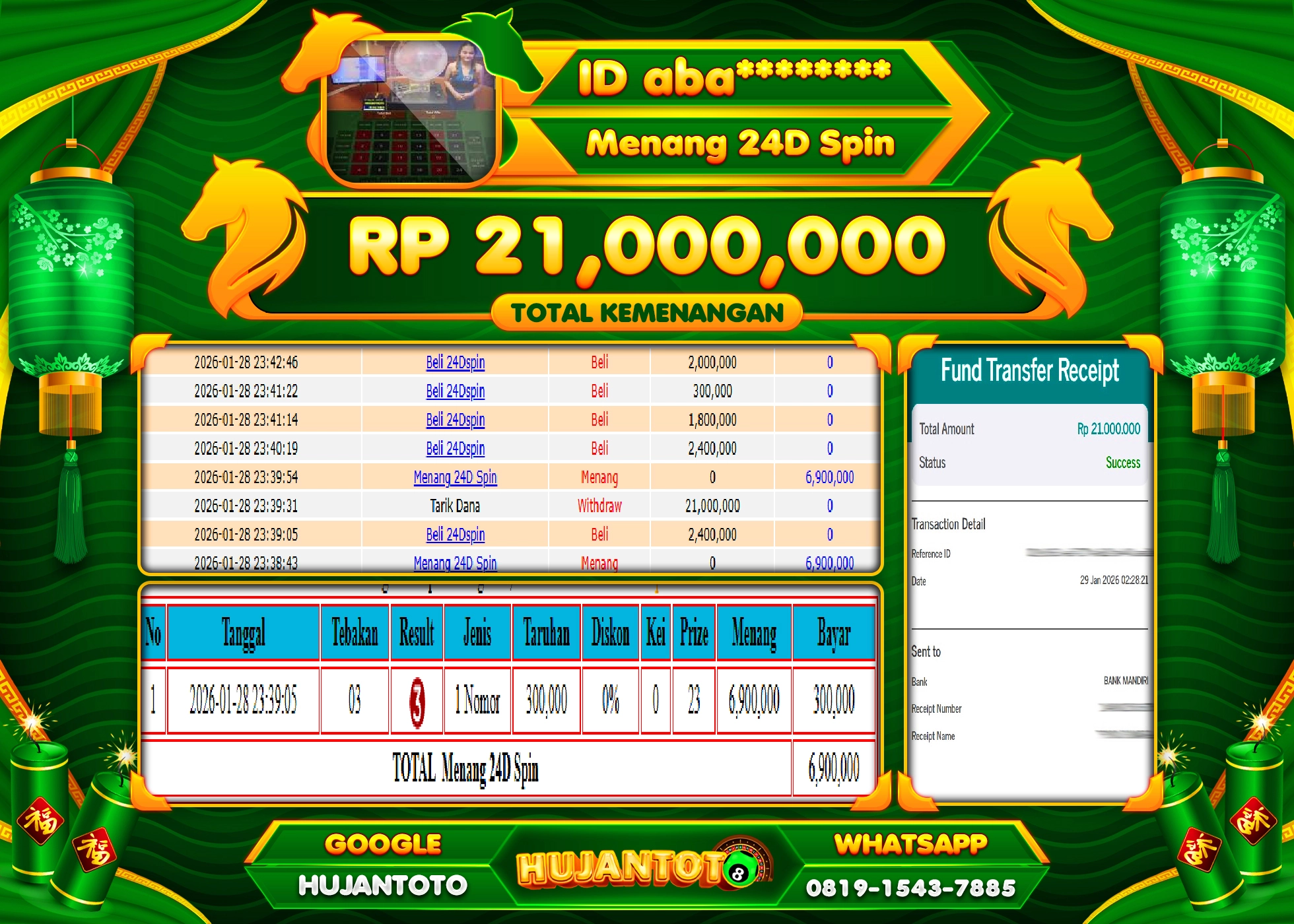 HUJANTOTO - BUKTI JACKPOT MENANG LIVEGAMES 24D SPIN Rp.21,000,000 - TERBAYAR LUNAS