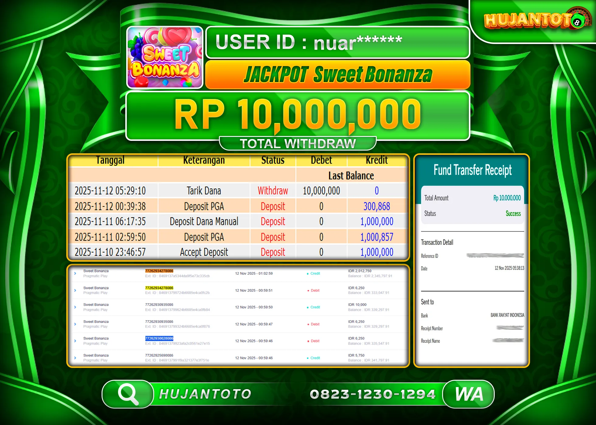 HUJANTOTO - BUKTI JACKPOT MENANG SLOT SWEET BONANZA Rp.10,000,000 - TERBAYAR LUNAS
