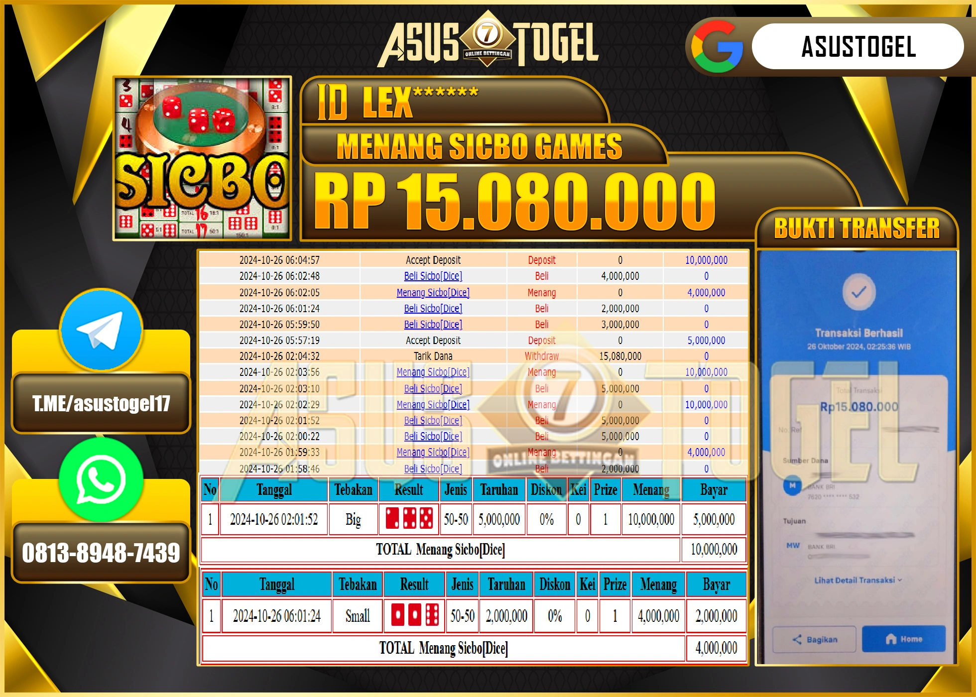 ASUSTOGEL KEMENANGAN DI GAMES SICBO DICE SEBESAR 15,080,000- RUPIAH LUNAS
