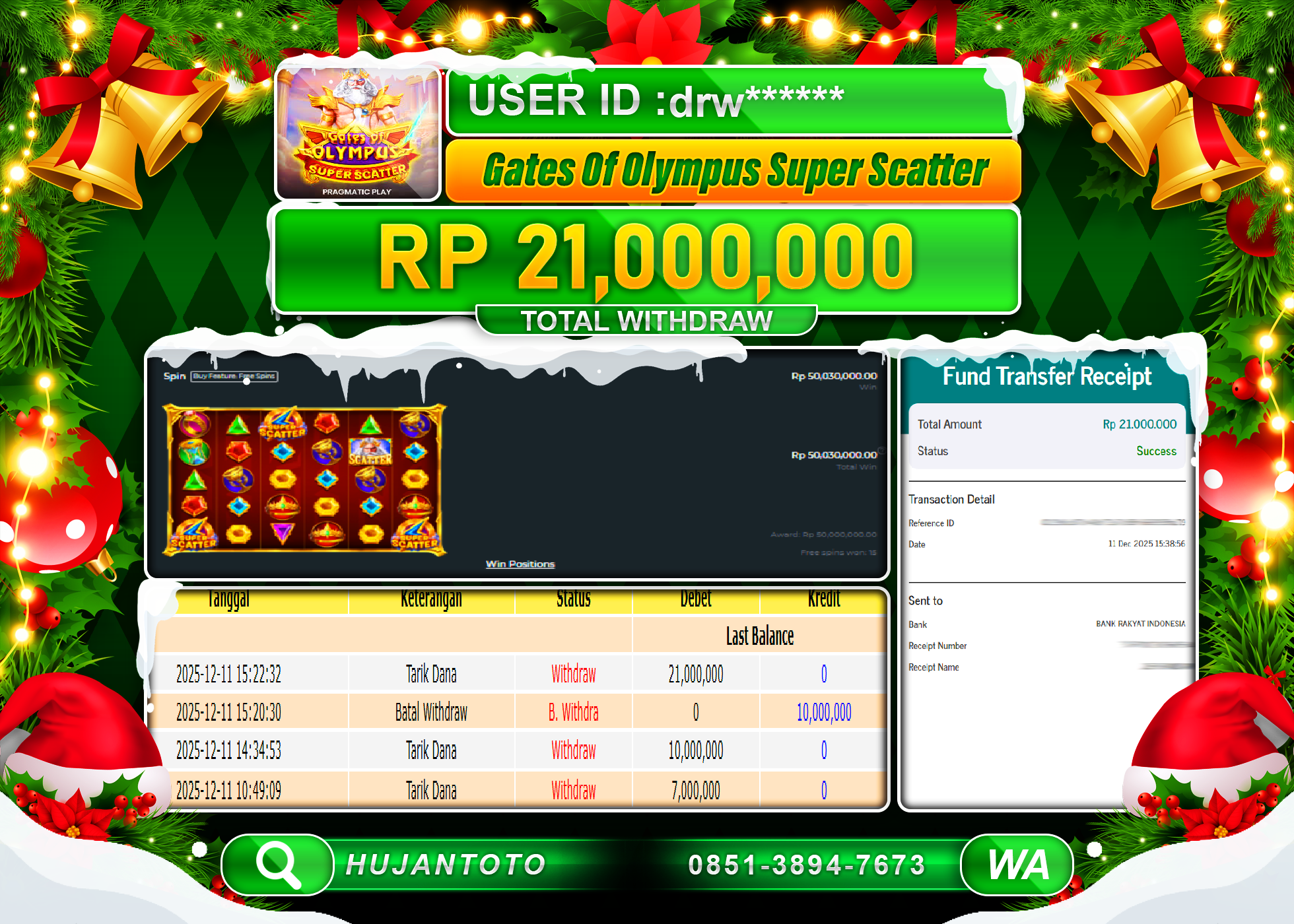 HUJANTOTO - BUKTI JACKPOT GATES OF OLYMPUS SUPER SCATTER Rp.21,000,000 - TERBAYAR LUNAS