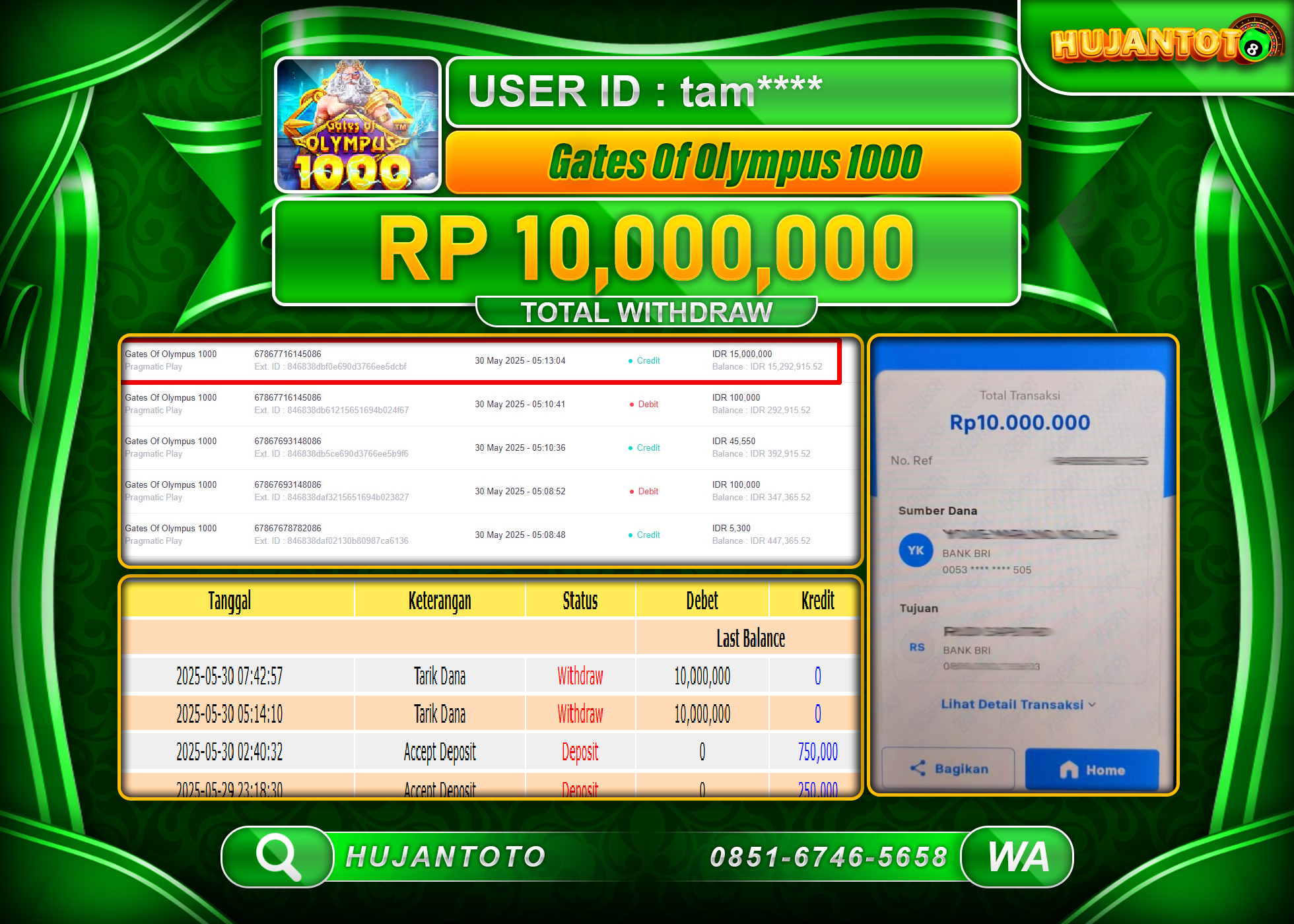 HUJANTOTO - BUKTI JACKPOT MENANG SLOT GATES OF OLYMPUS 1000 Rp.10,000,000 - TERBAYAR LUNAS