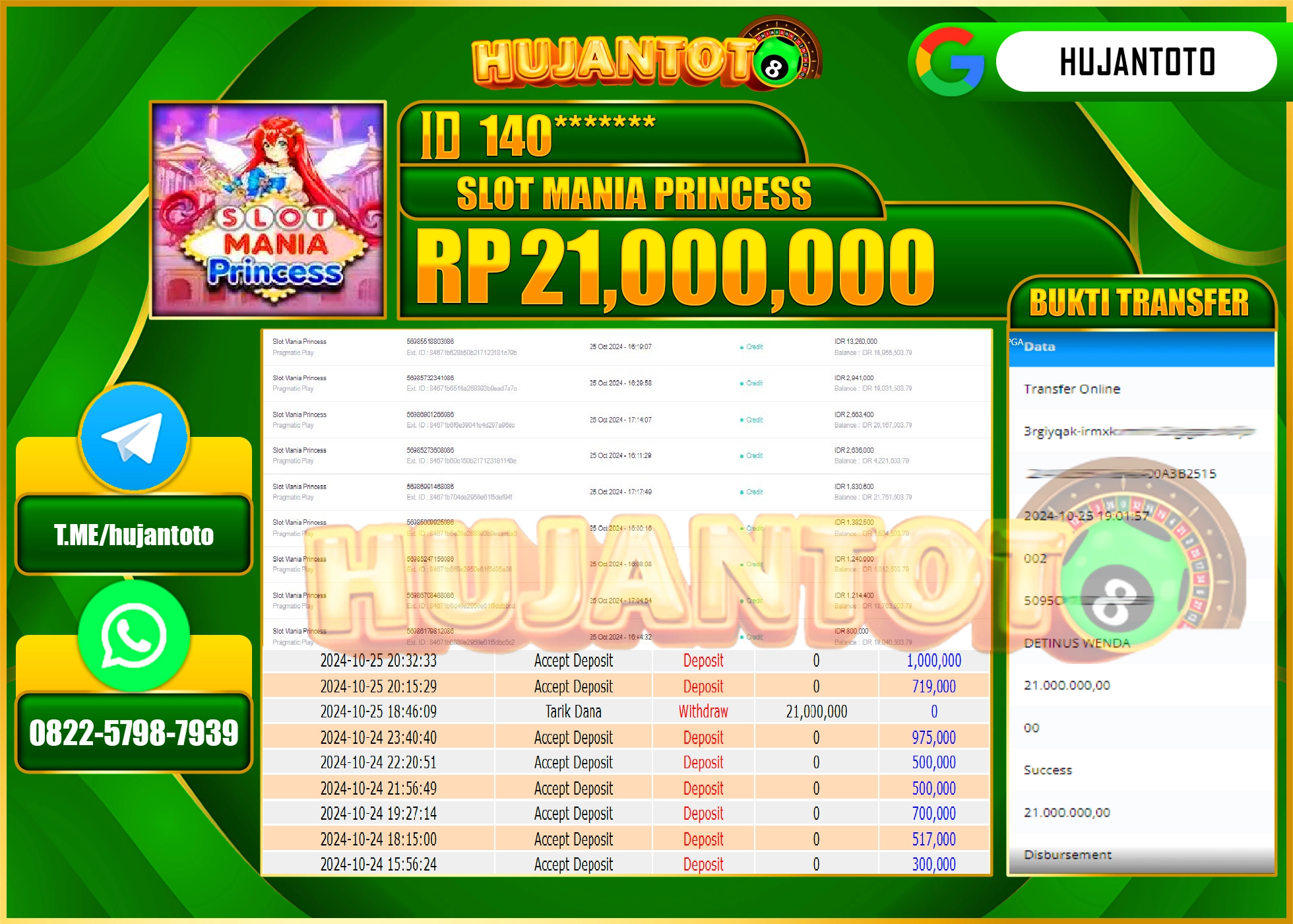 HUJANTOTO MENANG DI PERMAINAN SLOT MANIA PRINCESS - 21,000,000 - LUNAS