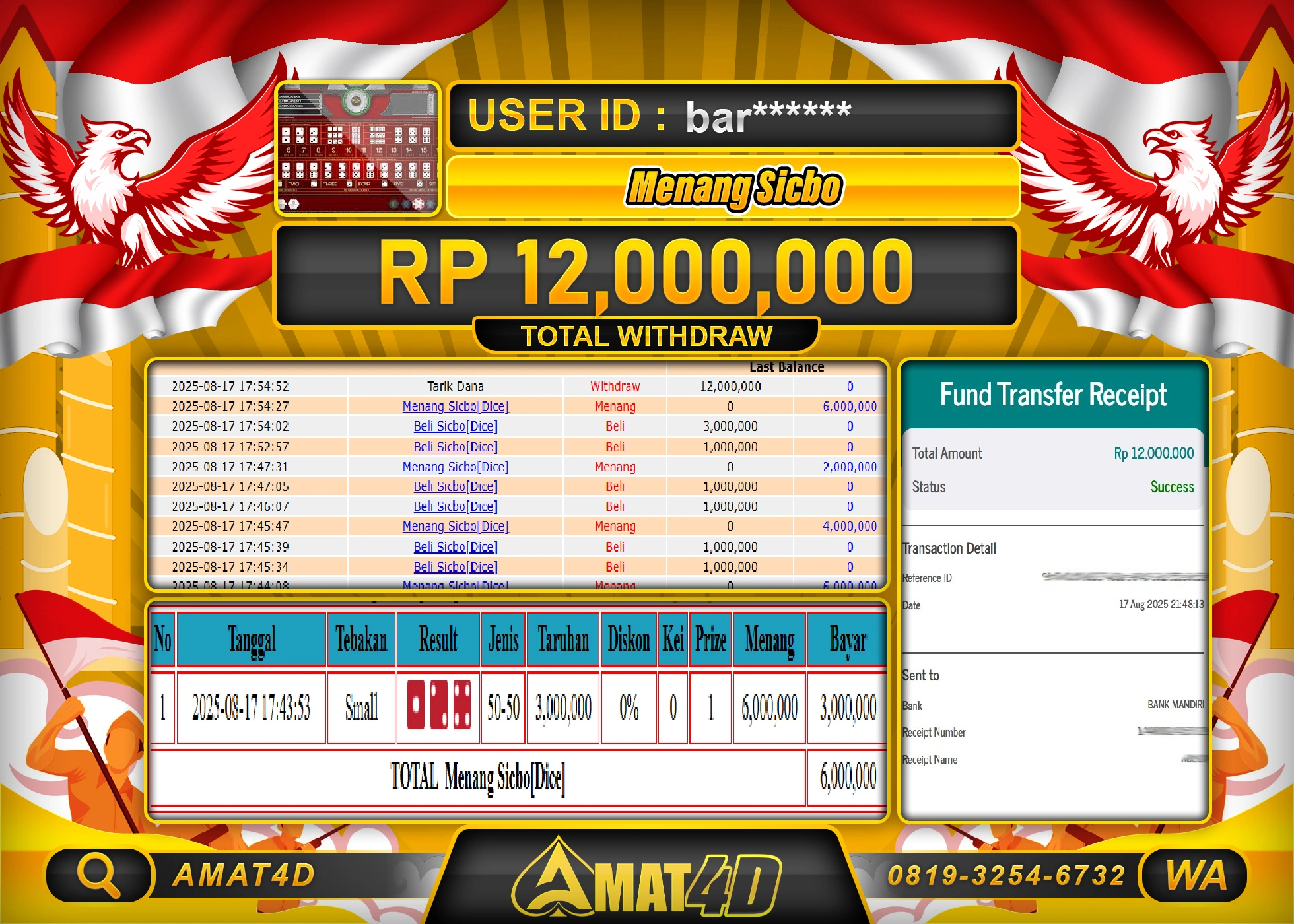 AMAT4D KEMENANGAN DI LIVE GAME SICBO   Rp.12.000.000 BERHASIL TERBAYAR LUNAS