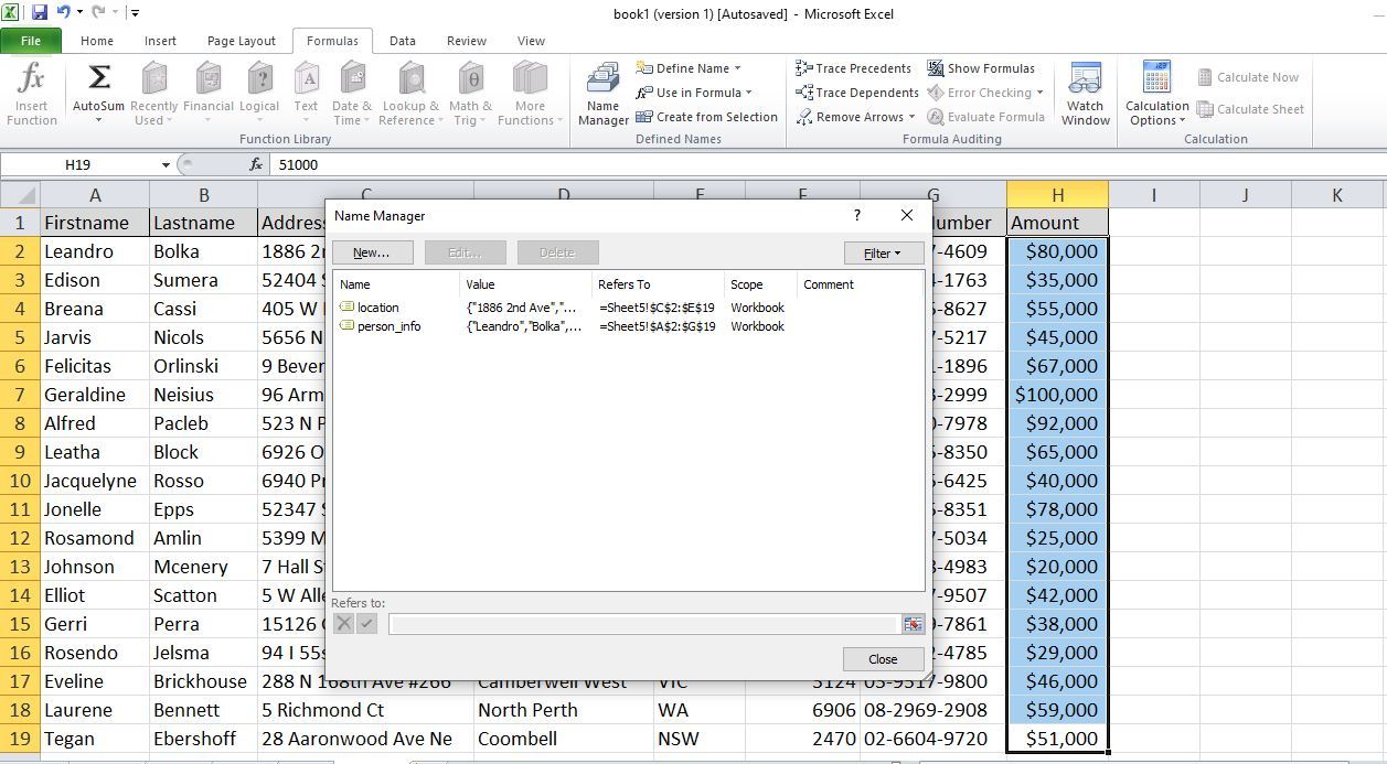 Screenshot of the excel name manager example