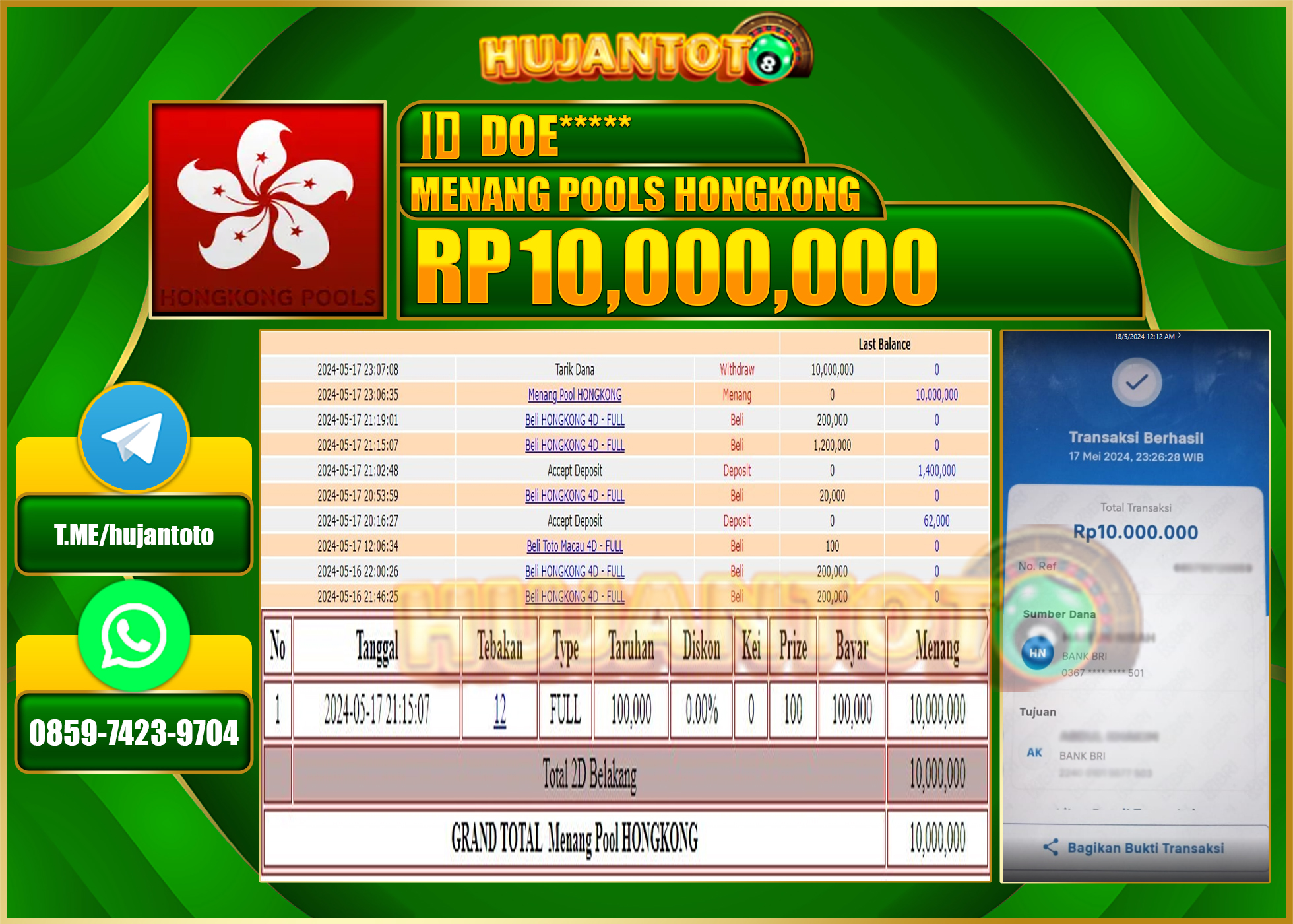 HUJANTOTO MENANG LIVE CASINO BACCARAT GAMES 10,000,000 - LUNAS 