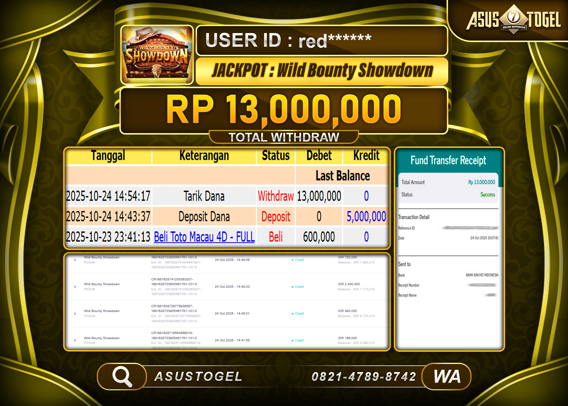 ASUSTOGEL KEMENANGAN DI SLOT WILD BOUNTY SHOWDOWN SEBESAR 13,000,000- RUPIAH LUNAS !