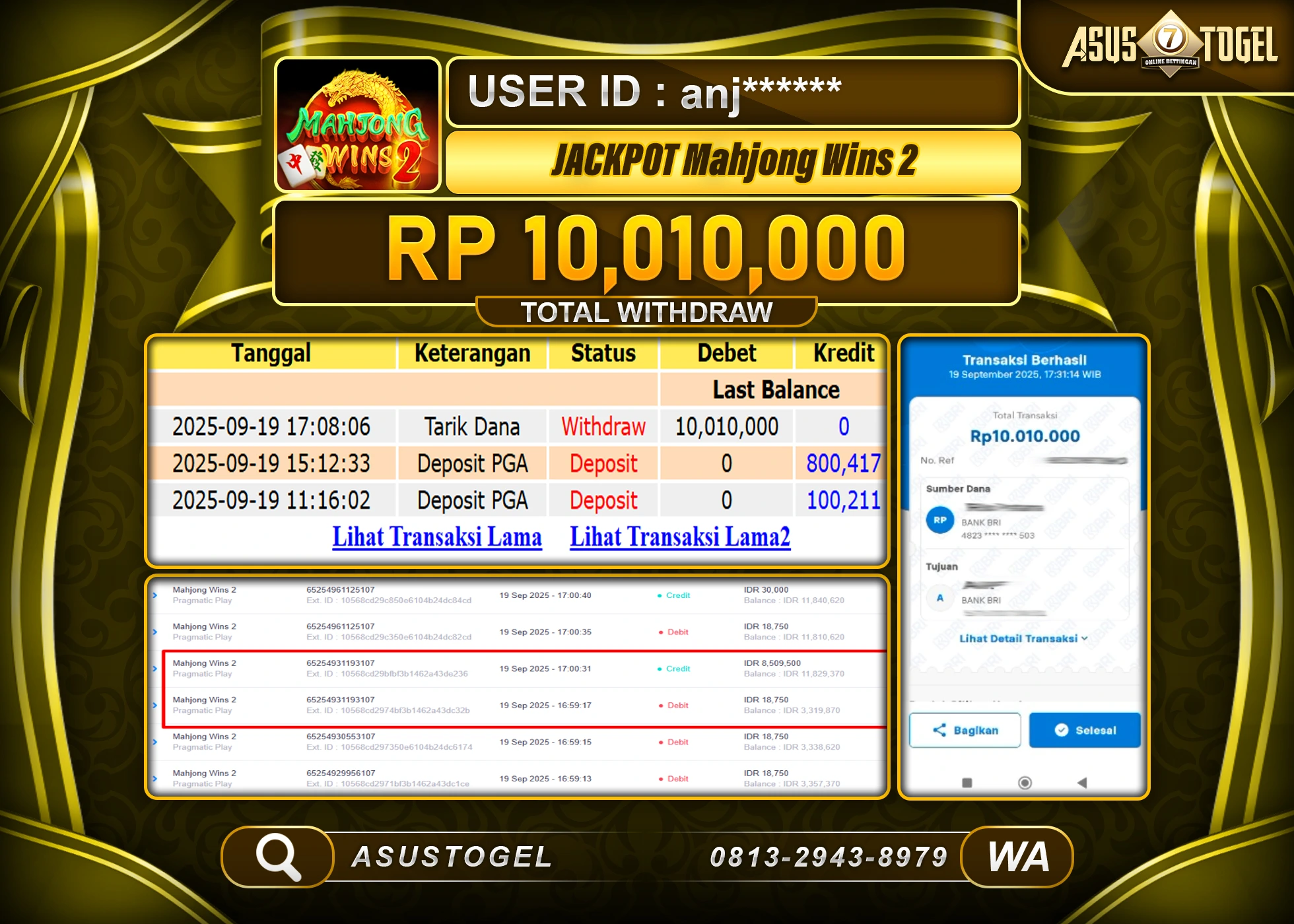 ASUSTOGEL KEMENANGAN DI SLOT MAHJONG WINS 2 SEBESAR 10,010,000- RUPIAH LUNAS