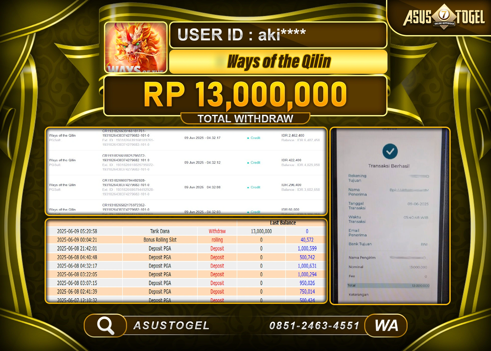 ASUSTOGEL KEMENANGAN DI SLOT WAYS OF THE QILIN SEBESAR 13,000,000- RUPIAH LUNAS