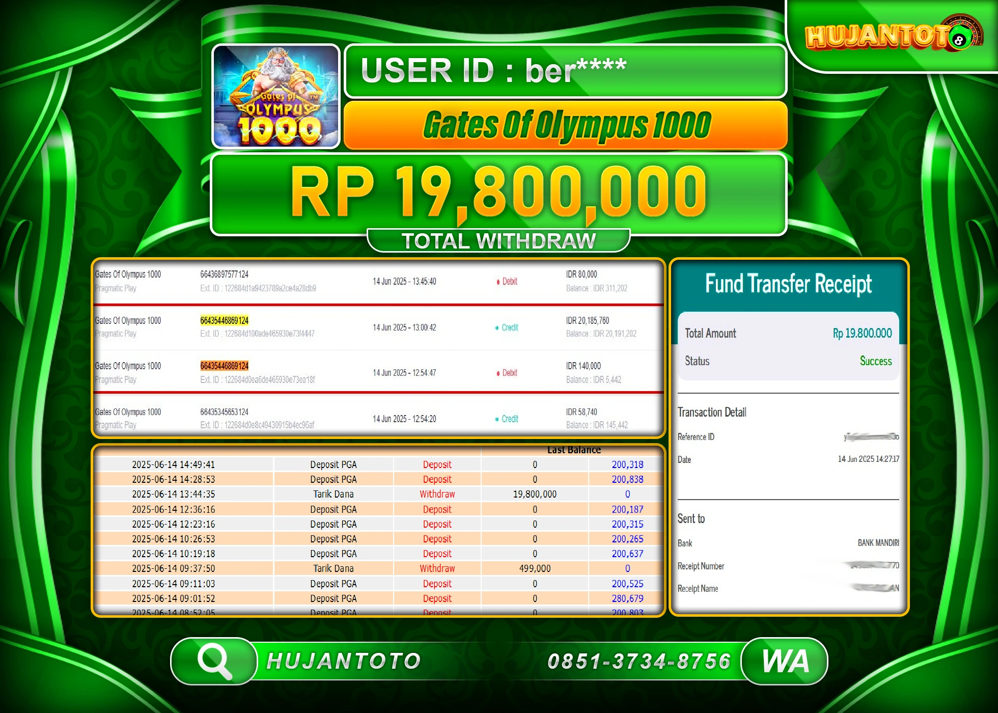 HUJANTOTO - BUKTI JACKPOT MENANG SLOT GATES OF OLYMPUS 1000 Rp,19,800,000 - TERBAYAR LUNAS