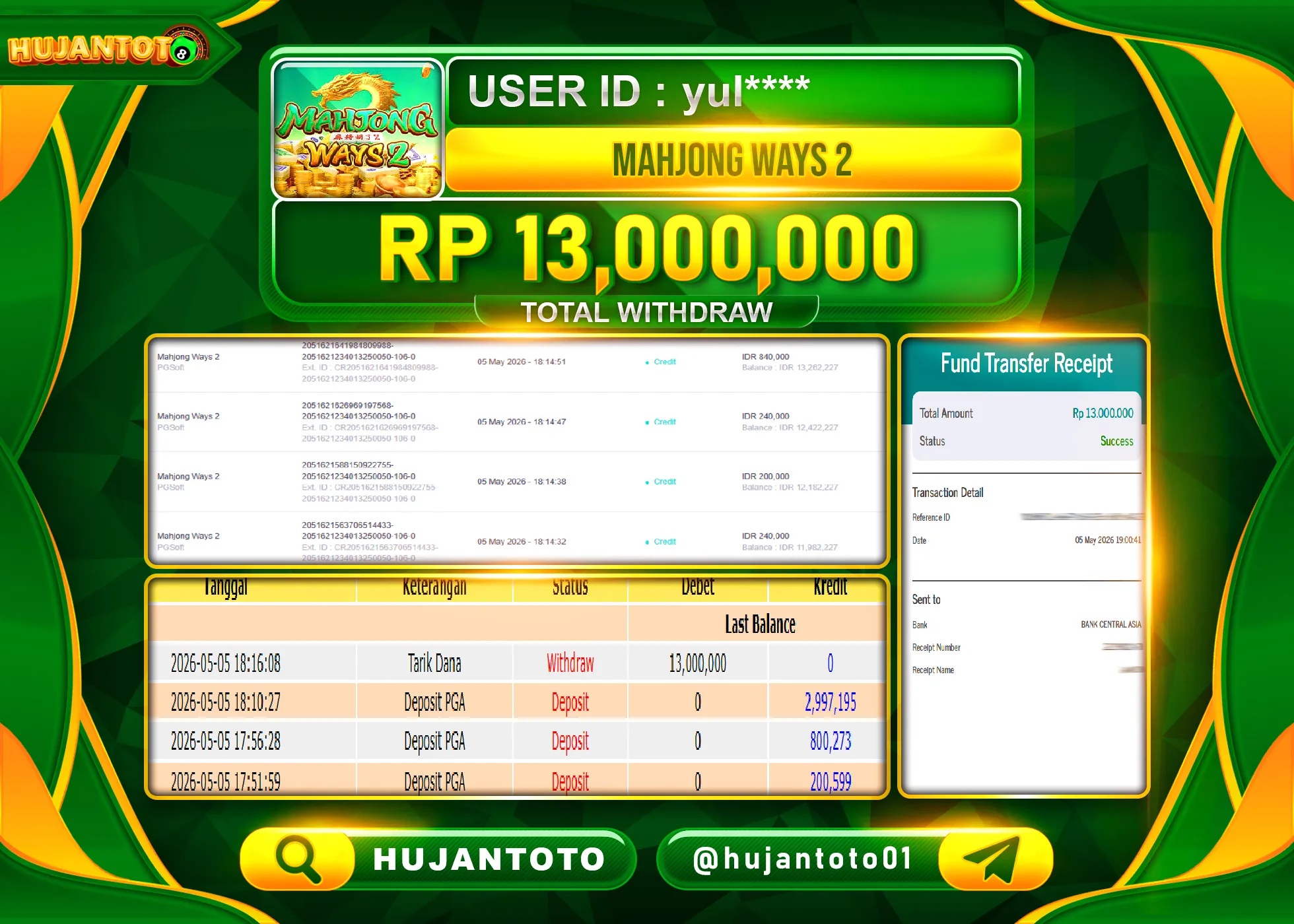 HUJANTOTO - BUKTI JACKPOT MENANG SLOT MAHJONG WAYS 2 Rp.13,000,000 - TERBAYAR LUNAS