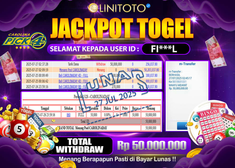 LINITOTO JACKPOT TOGEL CAROLINA DAY Rp.50.000.000,- LUNAS