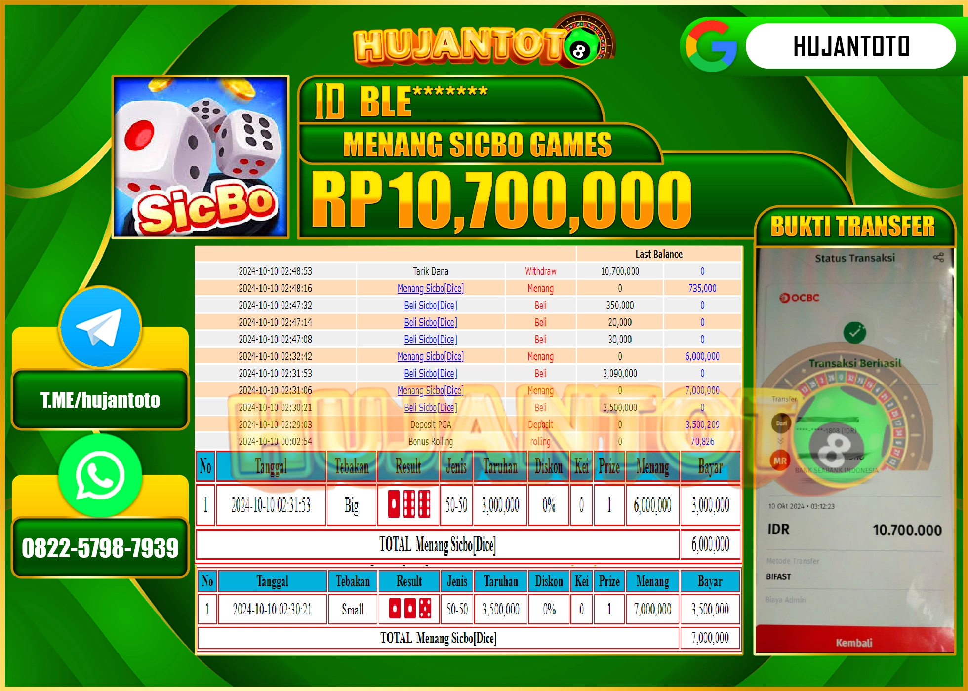 HUJANTOTO MENANG DI LIVE GAME SICBO GAMES 10,700,000- LUNAS 