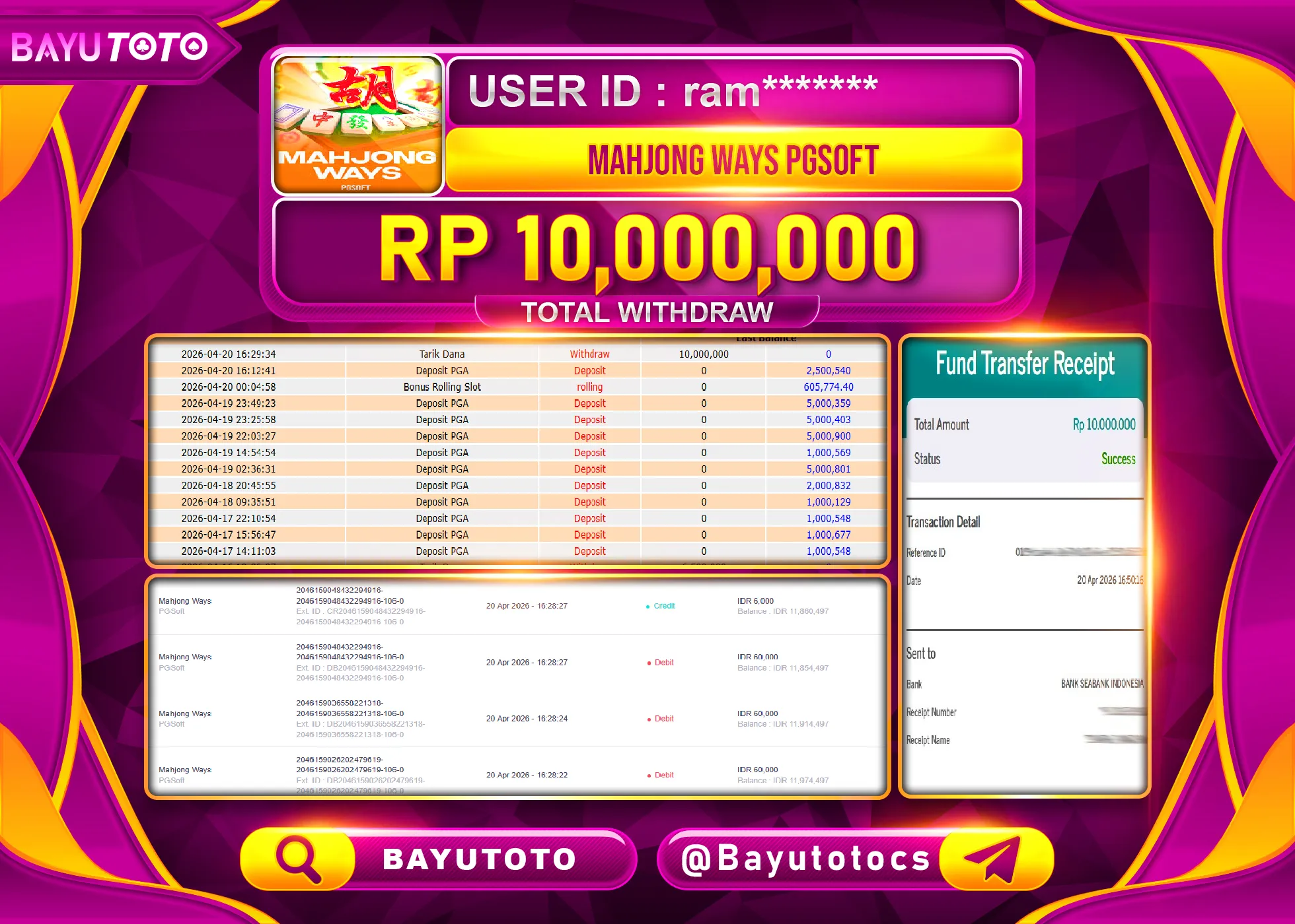SELAMAT MEMBER SETIA BAYUTOTO JACKPOT DI SLOT MAHJONG WAYS  (PGSOFT) Rp. 10,000,000 LUNAS
