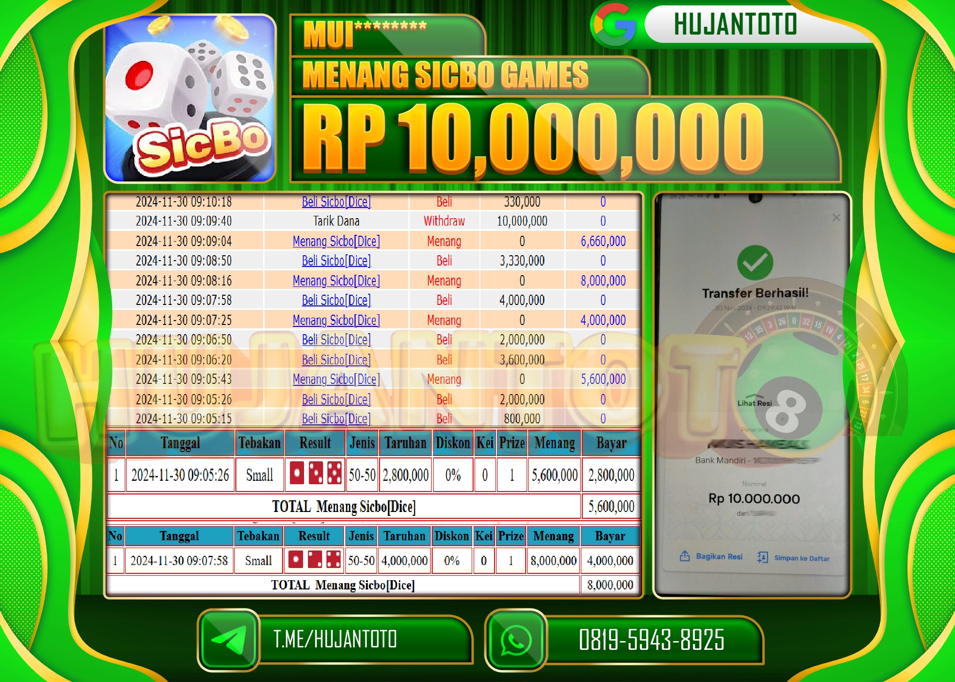 HUJANTOTO MENANG BESAR DI RAIH  PERMAINAN LIVE GAME DI  SICBO DICE SEBESAR  10.000.000 - LUNAS 