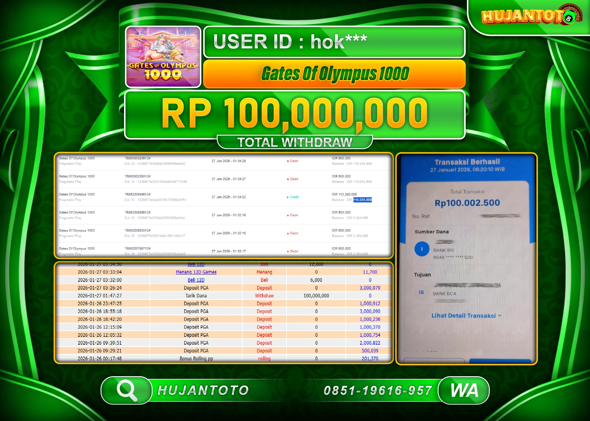 HUJANTOTO - BUKTI JACKPOT MENANG SLOT GATES  OF OLYMPUS 1000 Rp.100,000,000 - TERBAYAR LUNAS