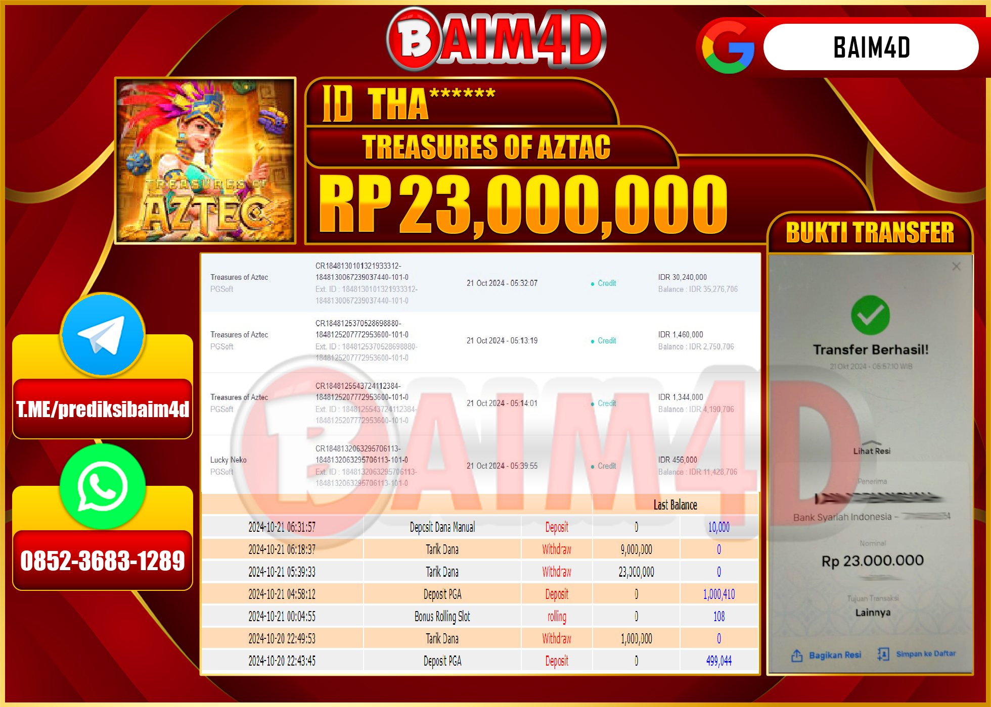BAIM4D JACKPOT Treasures of Aztec (PG Soft) Rp.23,000,000.- LUNAS