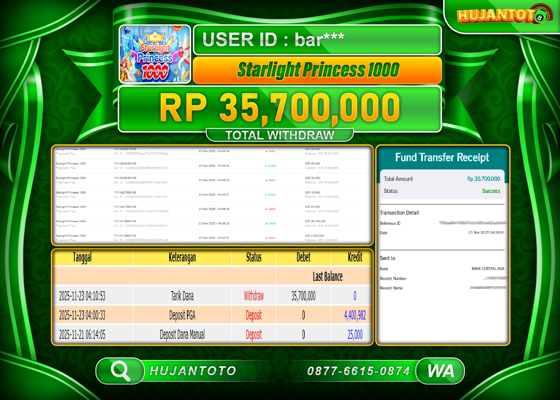 HUJANTOTO - BUKTI JACKPOT MENANG SLOT STARLIGHT PRINCESS 1000 Rp.35,700,000 - TERBAYAR LUNAS