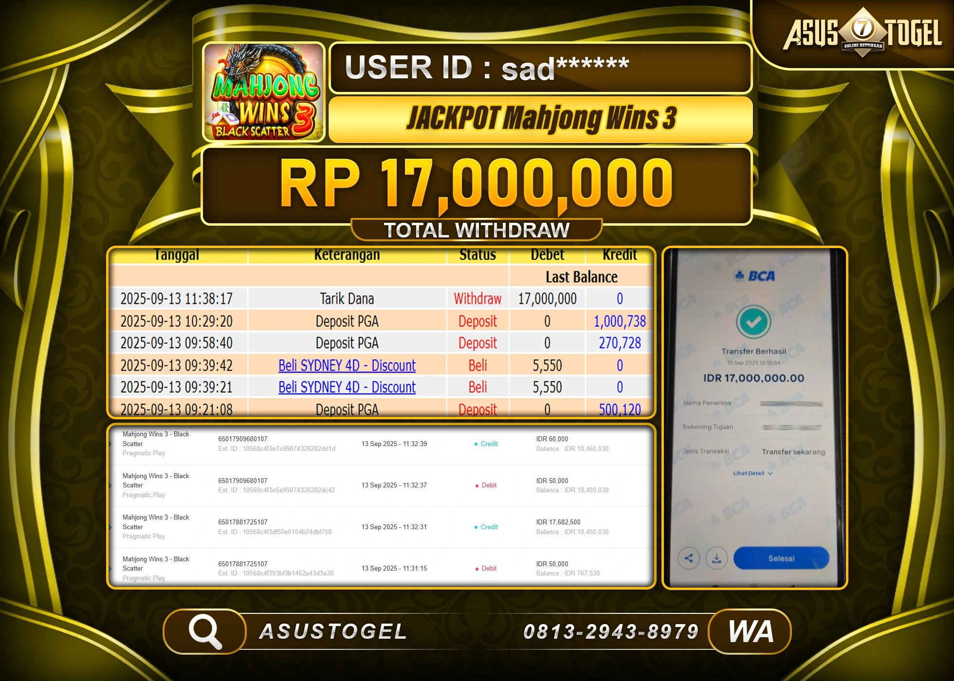 SUSTOGEL KEMENANGAN DI SLOT MAHJONG WINS 3 SEBESAR 17,000,000- RUPIAH LUNAS