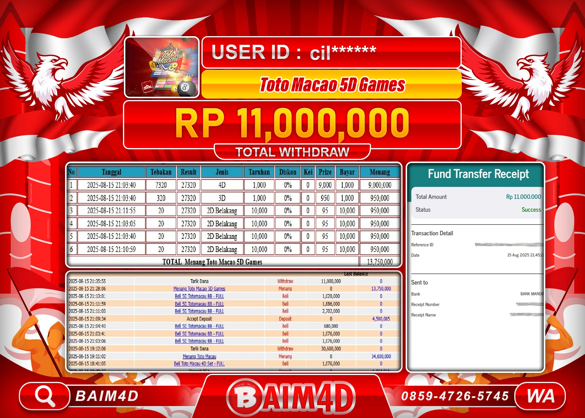 BAIM4D JACKPOT TOTO MACAU 4D Rp.11,000,000.- LUNAS