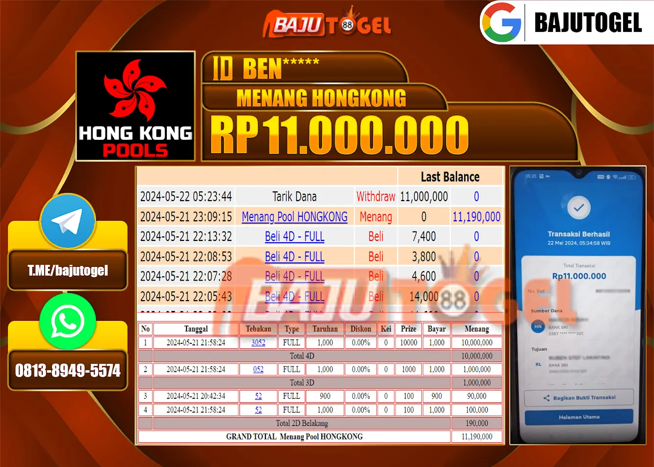 BAJUTOGEL KEMENANGAN PASARAN HONGKONG Rp.11.000.000 LUNAS
