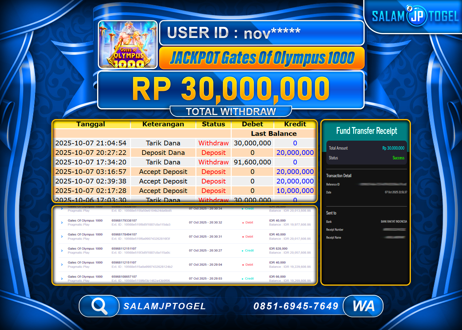 SALAMJPTOGEL MENANG GATES OF OLYMPUS 1000 RP. 30,000,000, - LUNAS