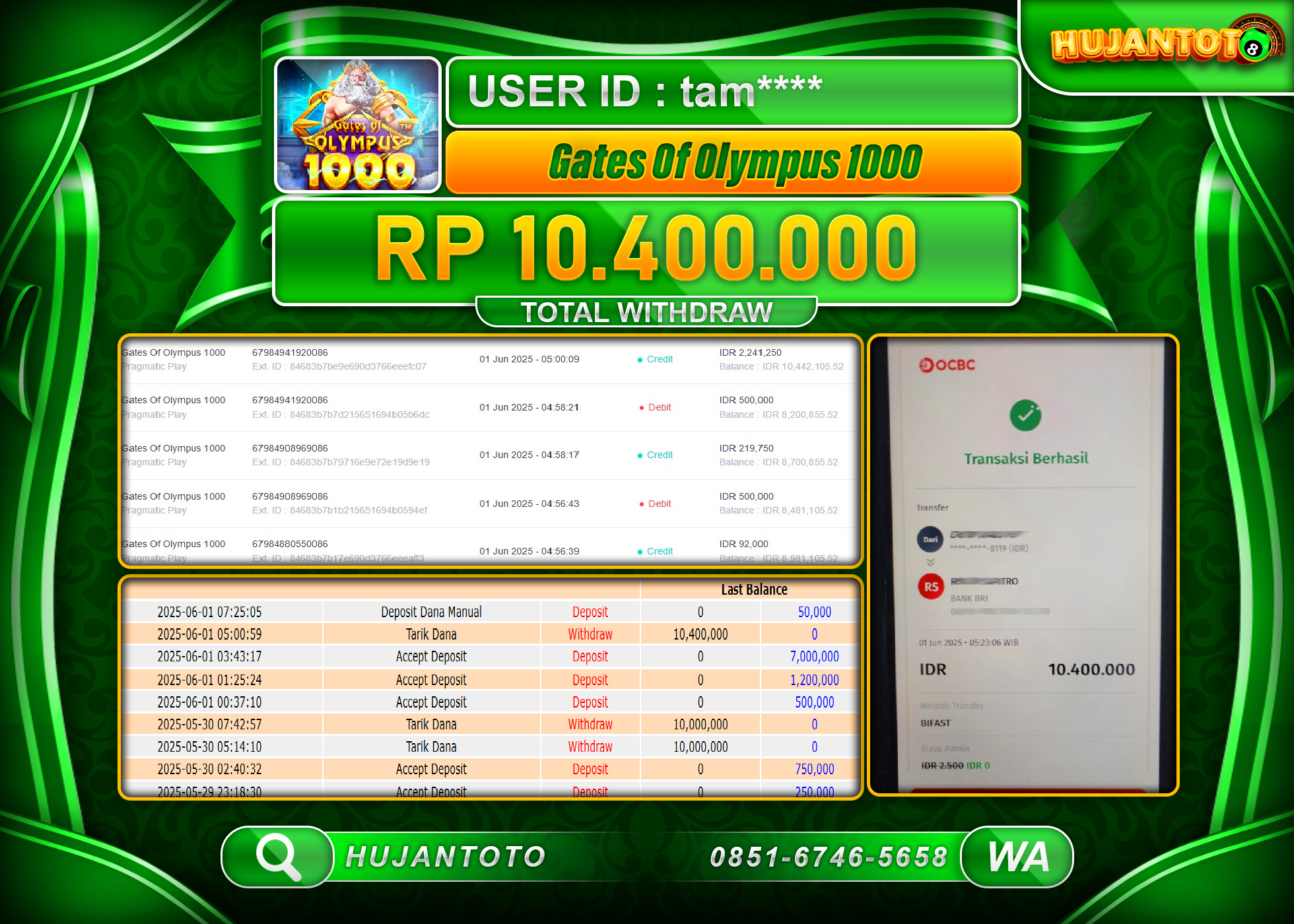   HUJANTOTO - BUKTI JACKPOT MENANG SLOT GATES OF OYMPUS 1000  Rp.10,400,000  - TERBAYAR LUNAS