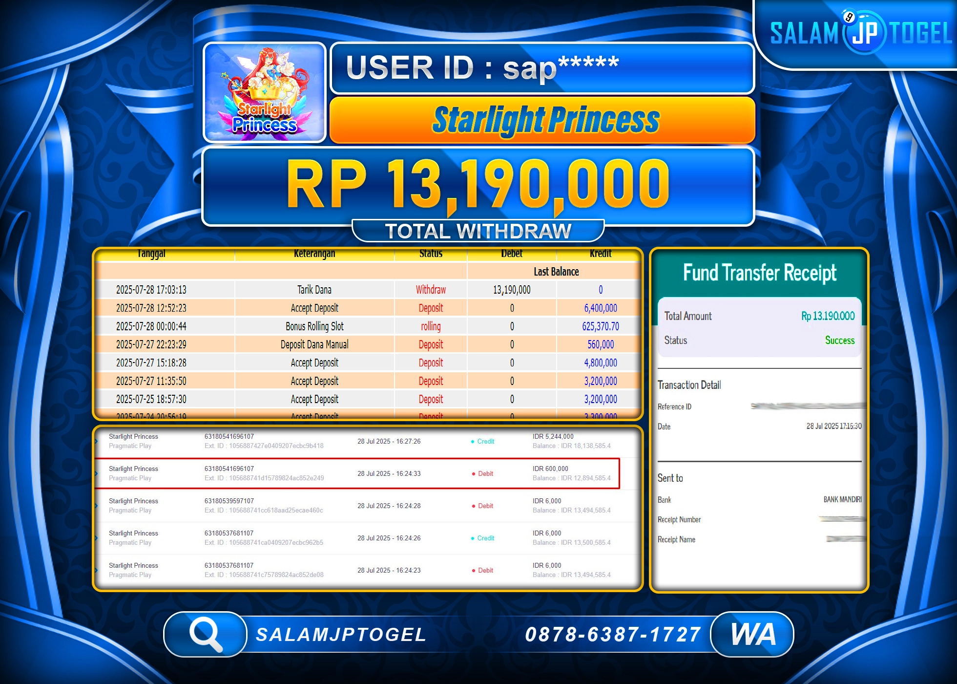 SALAMJPTOGEL MENANG JACKPOT  Starlight Princess  Rp.13,190,000