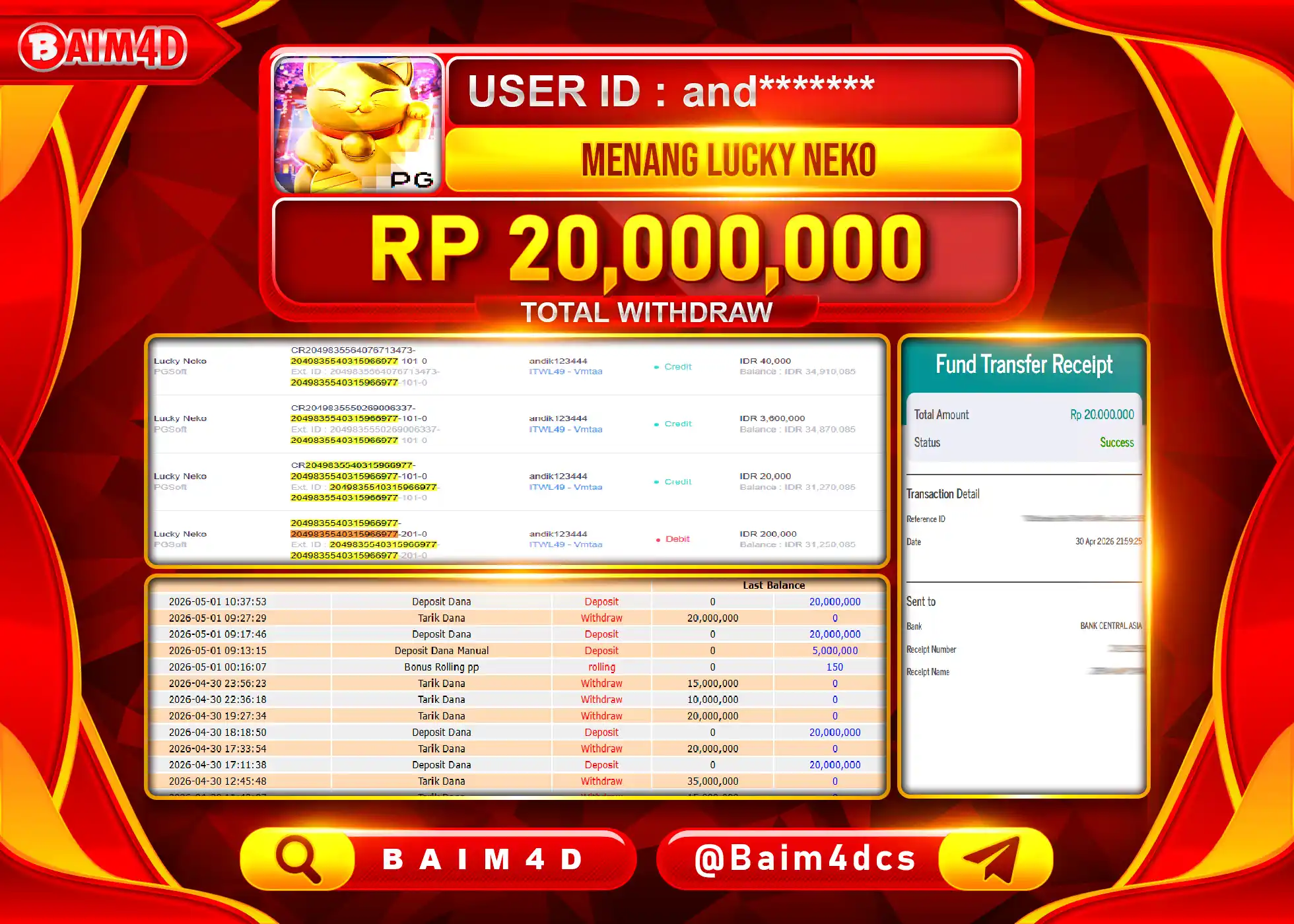 BAIM4D JACKPOT SLOT LUCKY NEKO PGSOFT Rp.20,000,000 - LUNAS