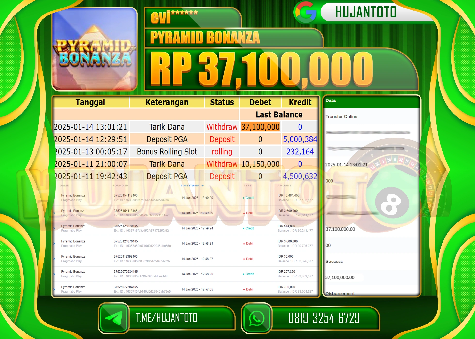 HUJANTOTO - BUKTI JACKPOT DI PERMAINAN  SLOT PYRAMID BONANZA Rp. 37,100,000 - TERBAYAR LUNAS