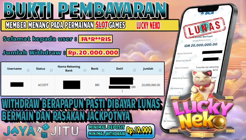 🏆 BUKTI KEMENANGAN SLOT LUCKY NEKO MEMBER  JAYAJITU🏆