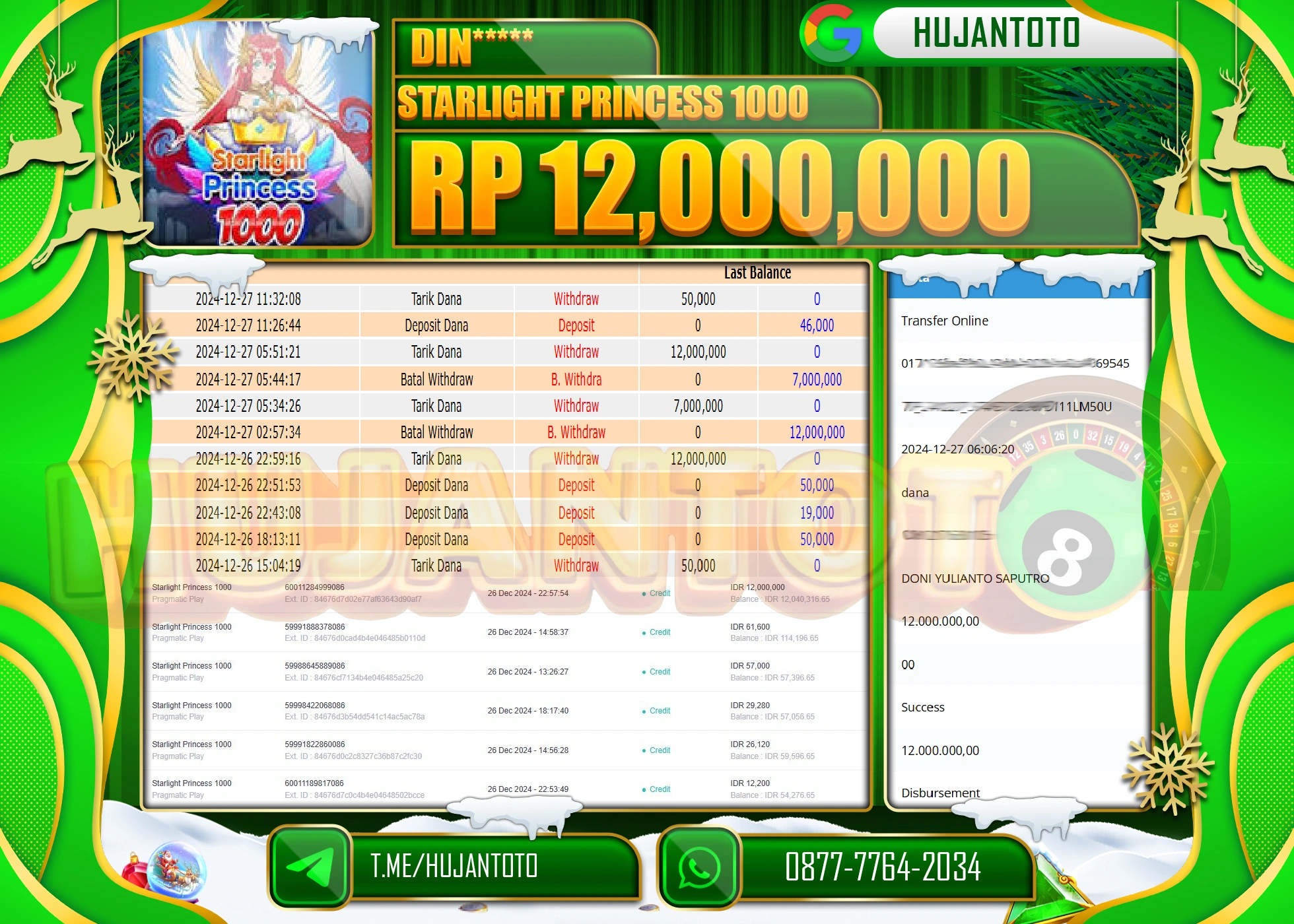 HUJANTOTO SELAMAT ATAS KEMENANGAN YANG DI RAIH DI PERMAINAN STARLIGHT PRINCESS 1000 12,000,000 - TERBAYAR LUNAS