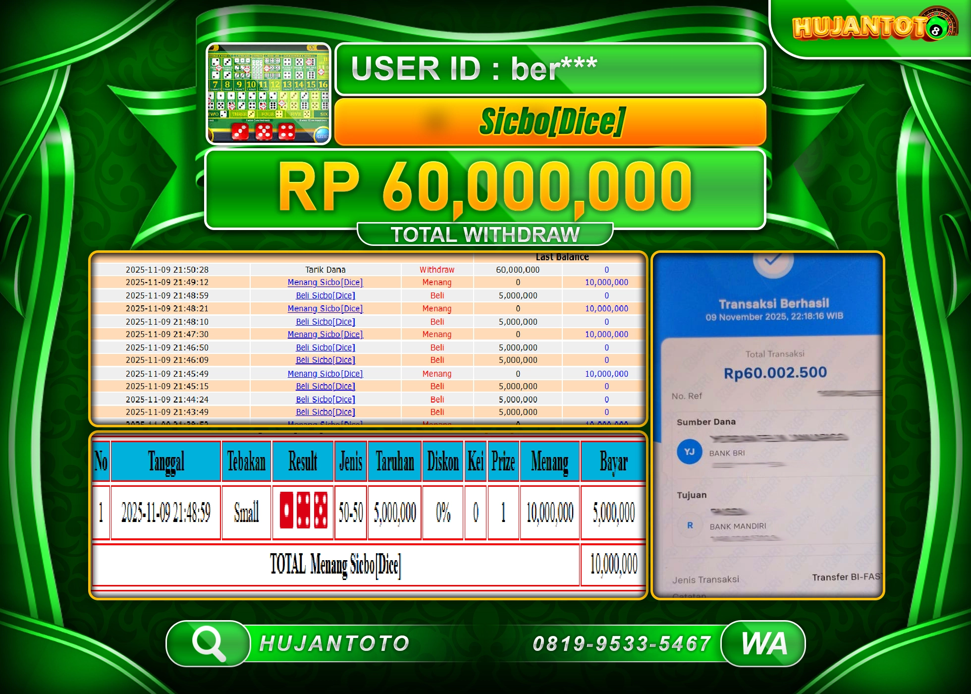 HUJANTOTO - BUKTI JACKPOT DI LIVE GAME SICBO {DICE} GAME Rp.60,000,000 - TERBAYAR LUNAS