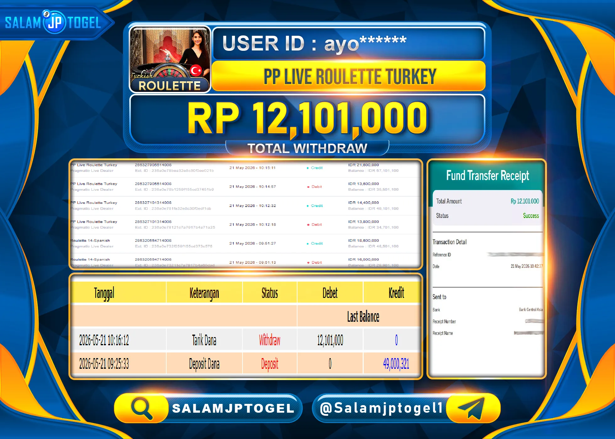 SALAMJPTOGEL Live JACKPOT Menang PP Live Roulette Turkey Rp.12,101,000 - LUNAS