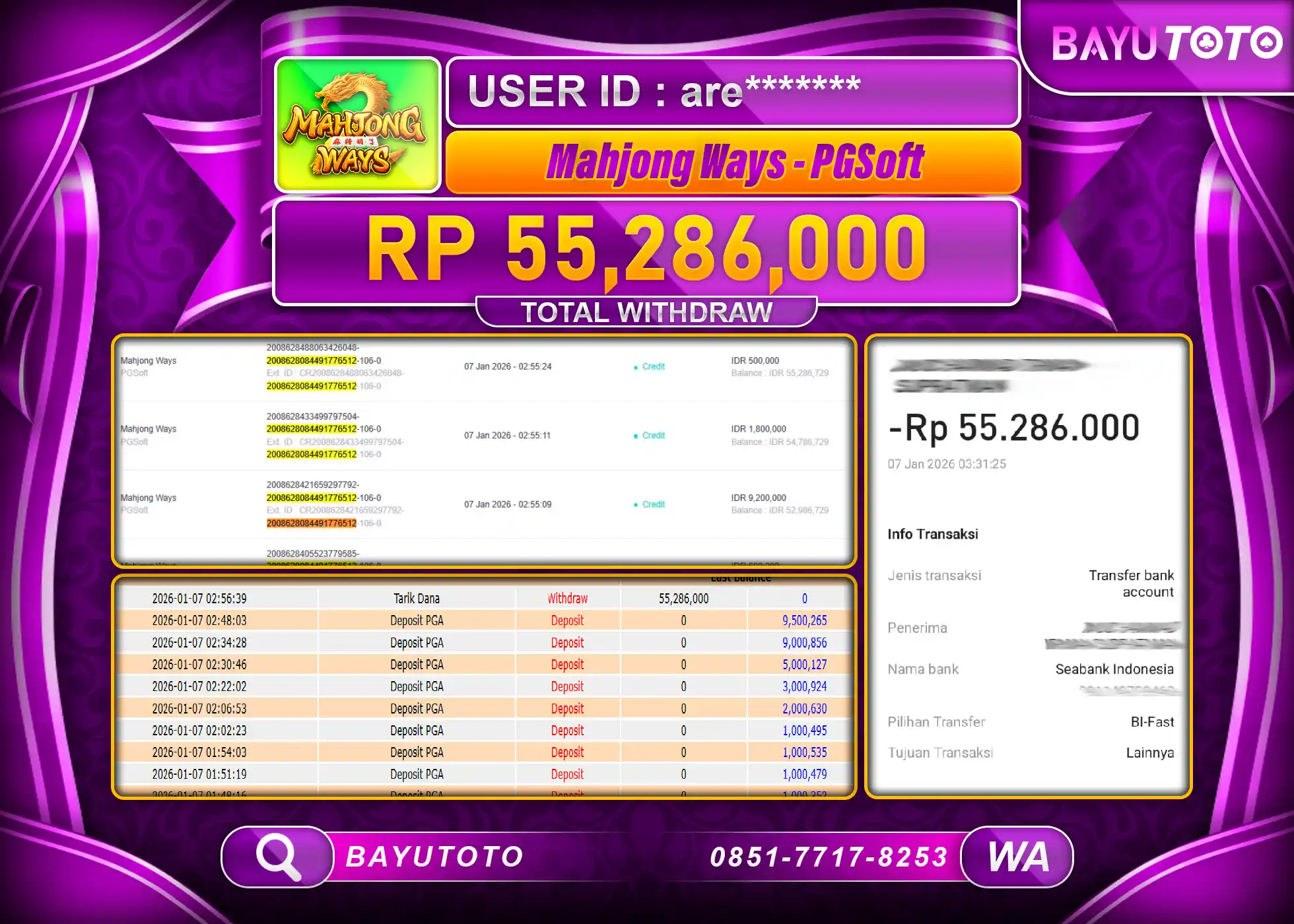 SELAMAT KEPADA MEMBER SETIA BAYUTOTO JACKPOT SLOT MAHJONG WAYS  Rp. 55,286,000 LUNAS
