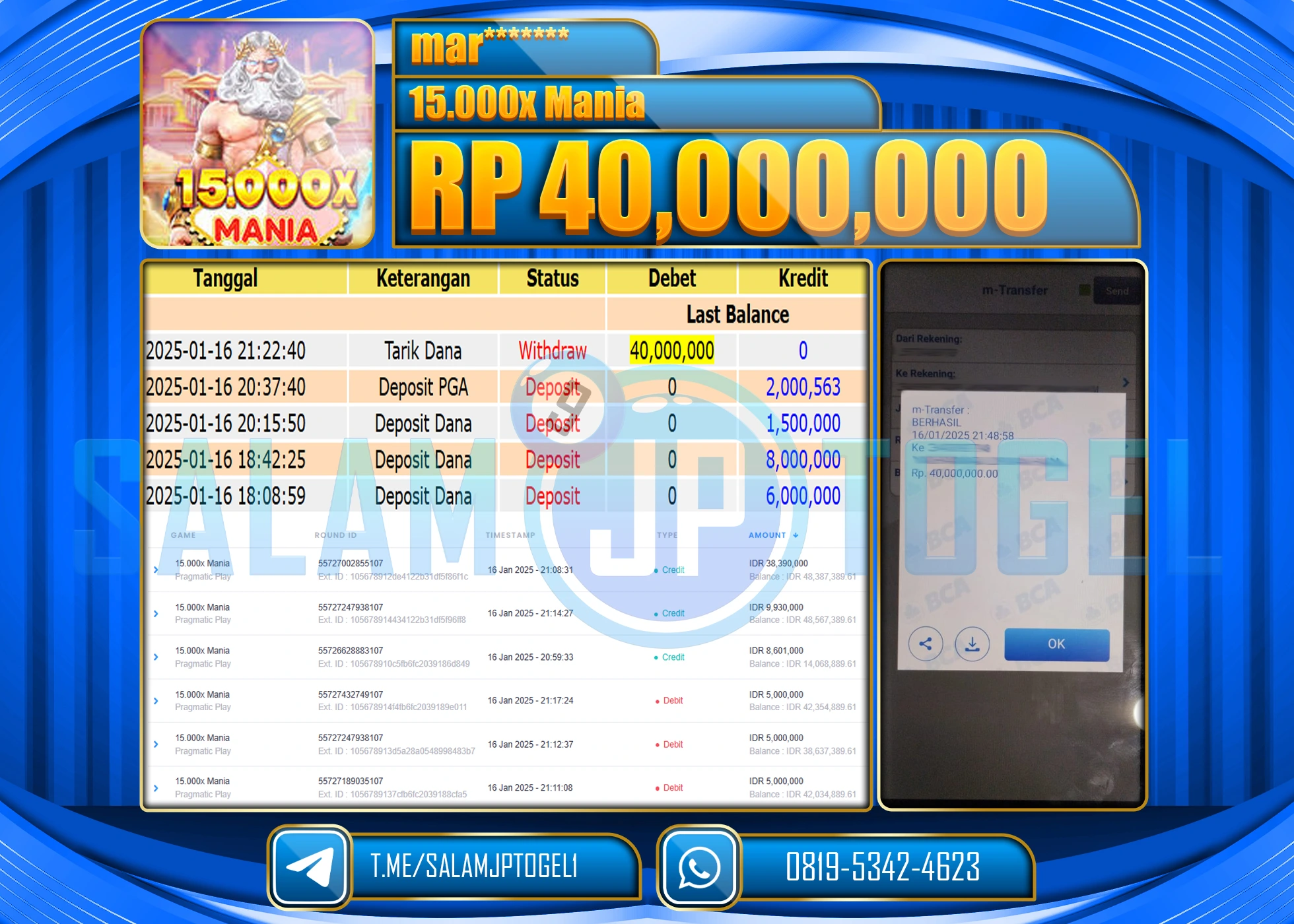 SALAMJPTOGEL MENANG  SLOT 15.000 X MANIA Rp.40,000,000 LUNAS
